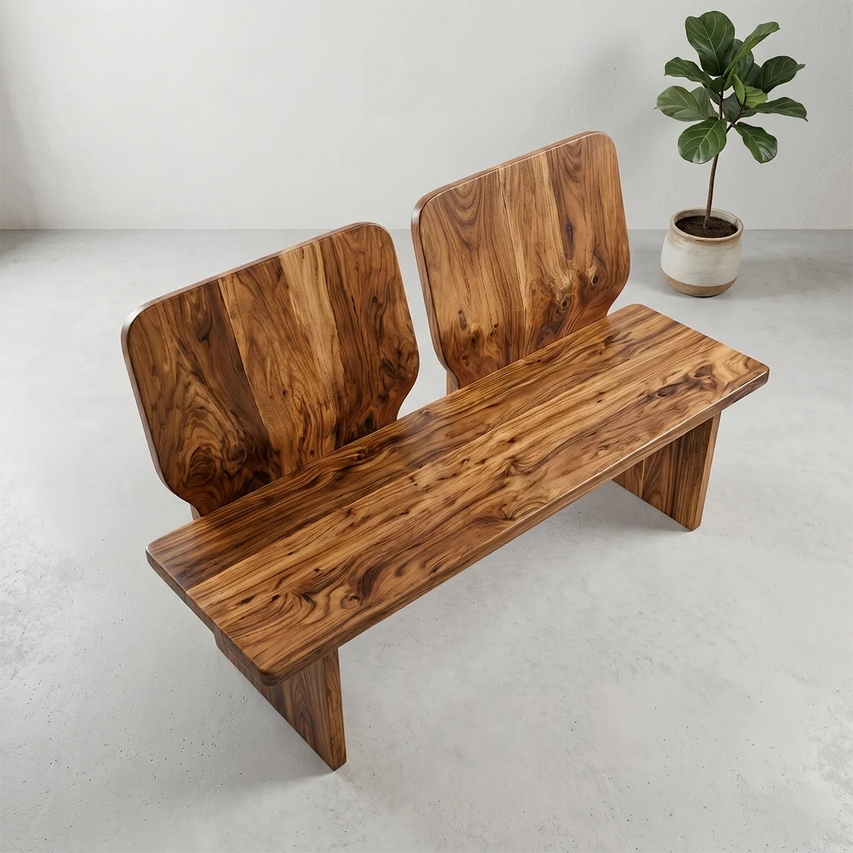 Solid Wood Double Back Dining Bench with Sculptural Artisan Design