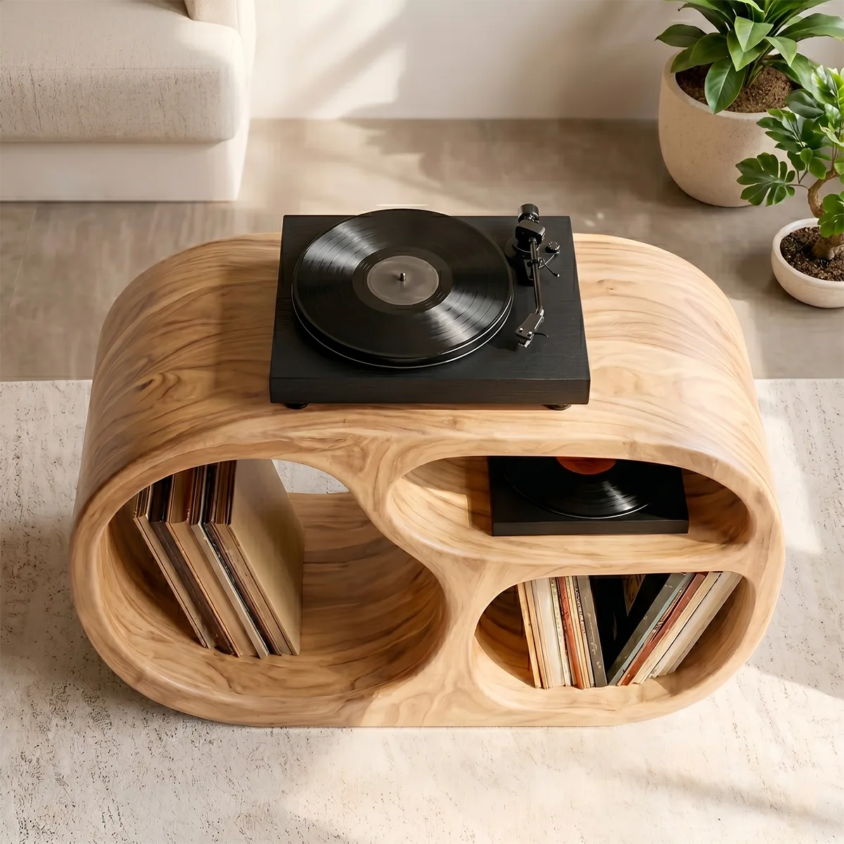 Sculptural Solid Wood Record Player Stand & Vinyl Storage Cabinet