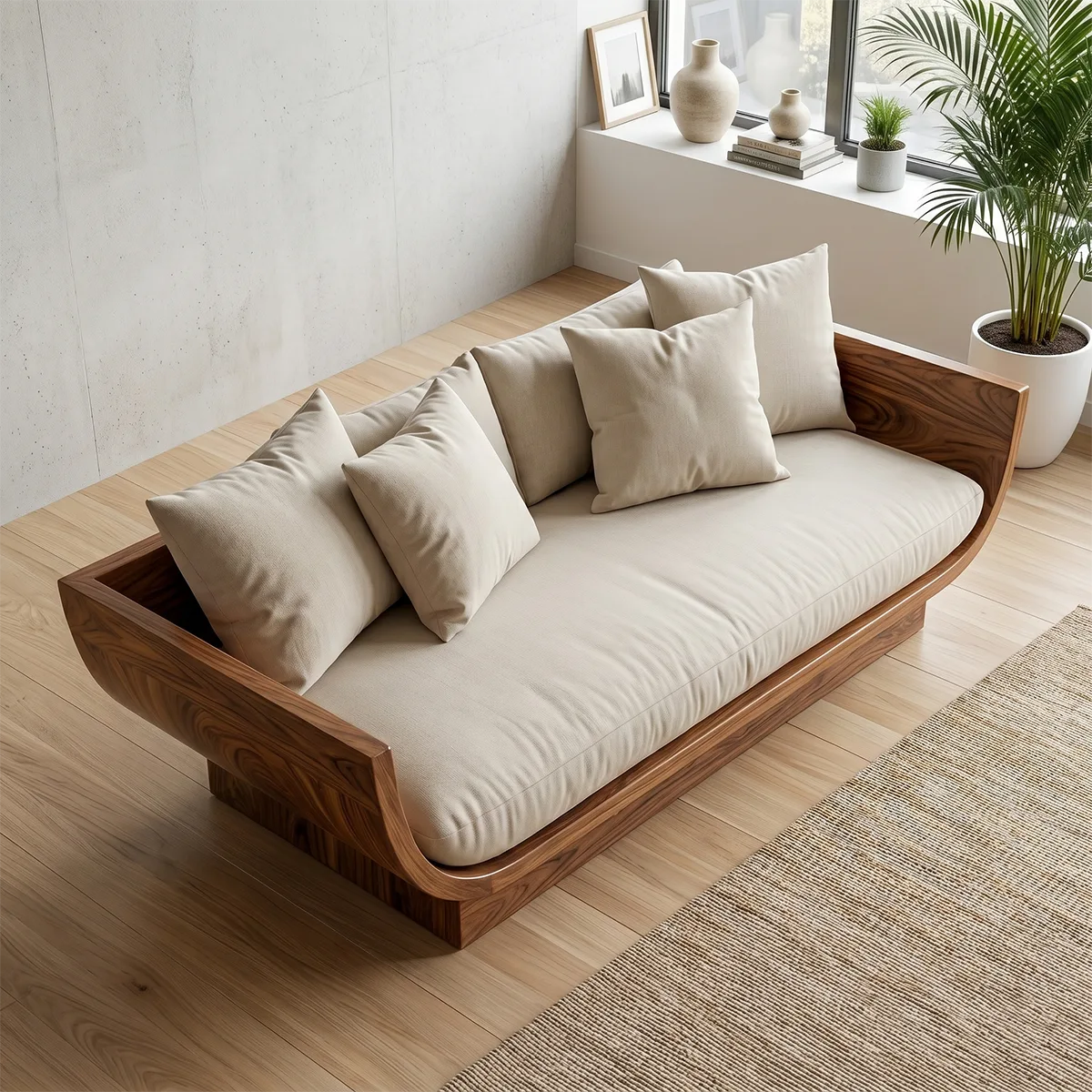 Handcrafted Organic Modern Solid Wood Lounge Sofa with Curved Frame