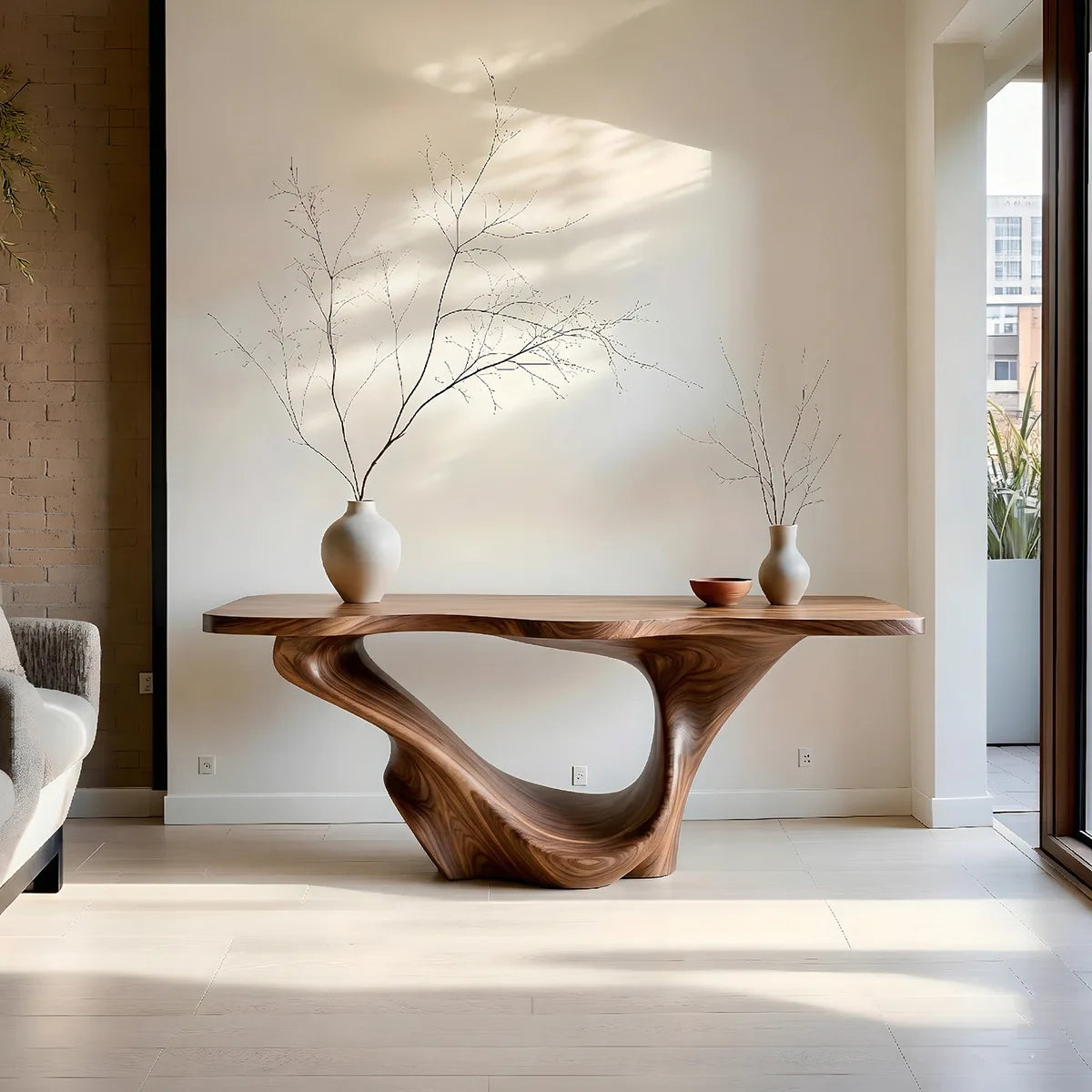 Sculptural Solid Wood Console Table with Organic Flowing Base