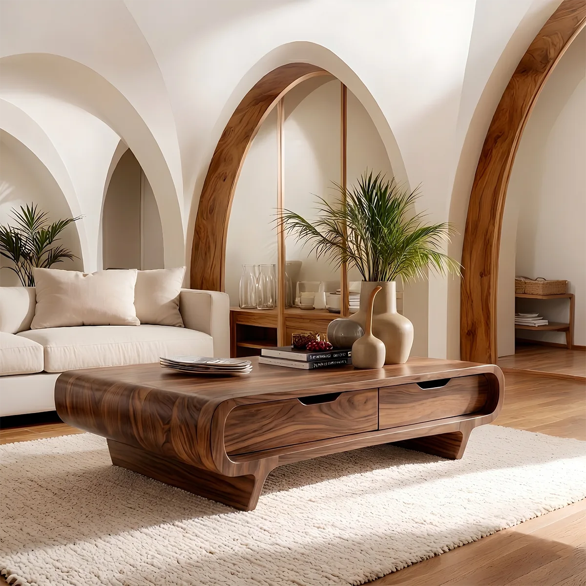 Handcrafted Wood Coffee Table with Drawers - Curved Silhouette Modern Design