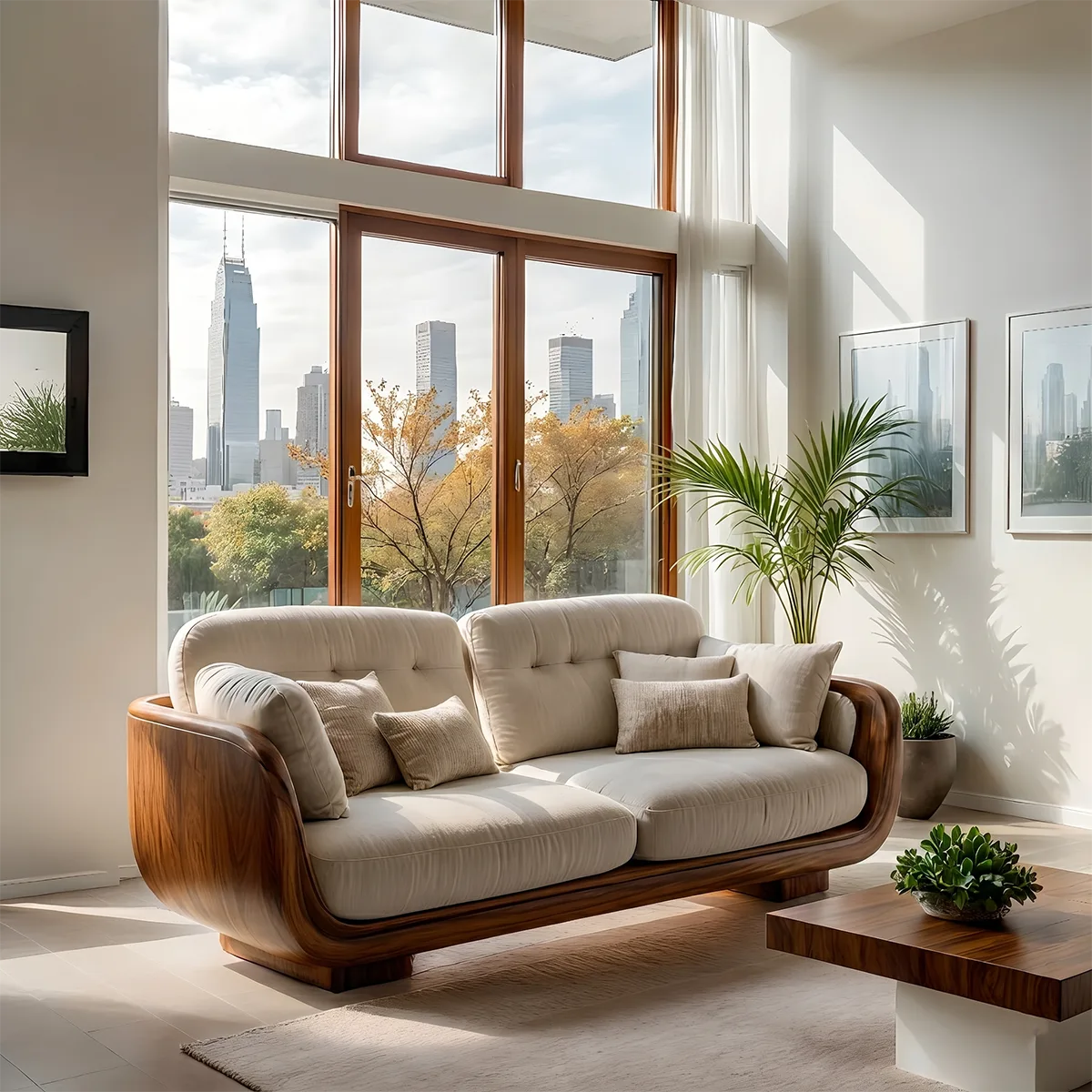 Luxury Curved Wooden Sofa with Organic Modern Sculptural Design