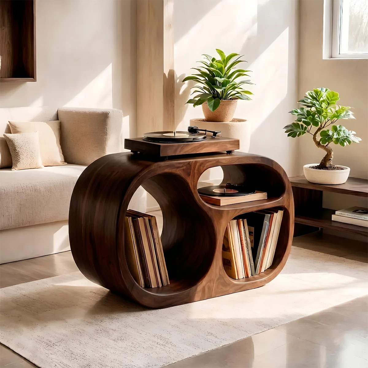 Sculptural Solid Wood Record Player Stand & Vinyl Storage Cabinet