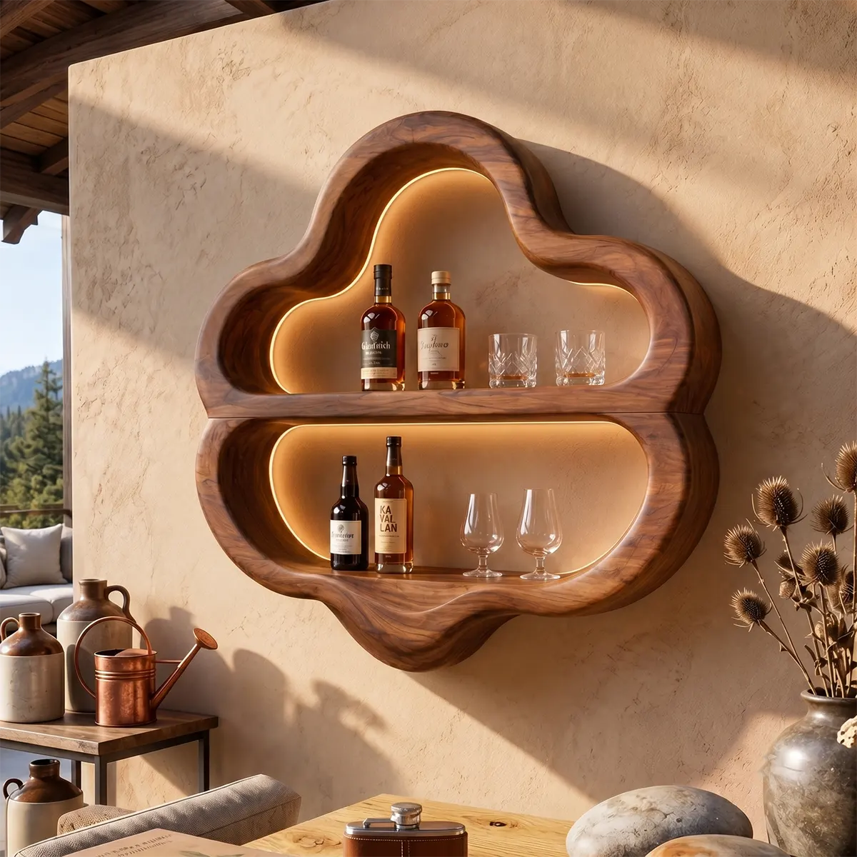 Sculptural Solid Wood Wall Wine Holder for Home Bars & Wine Lovers TT006-5261