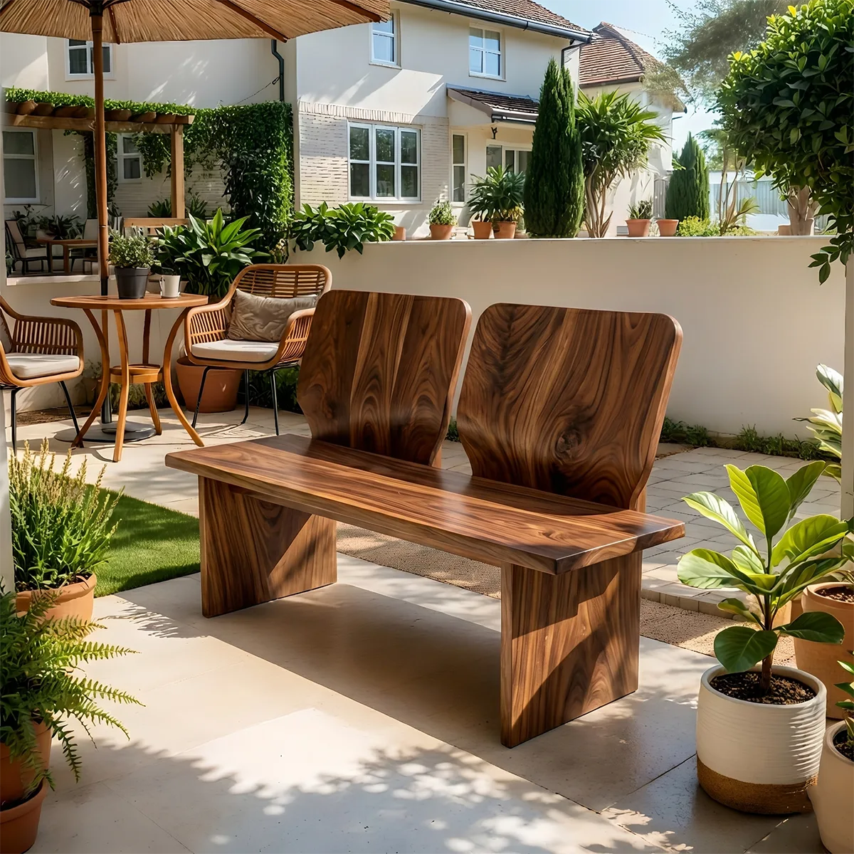 Solid Wood Double Back Dining Bench with Sculptural Artisan Design