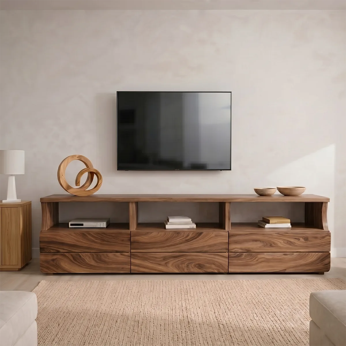 Modern Solid Wood TV Stand with Open Shelves and Drawers