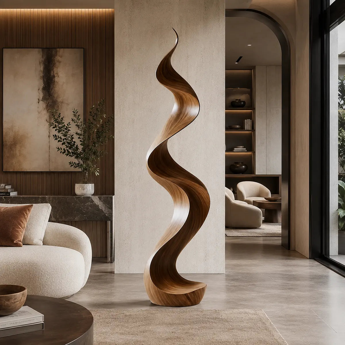 Handcrafted Solid Wood Wave Sculpture – Modern Organic Floor Art for Living Room & Entryway TT006-6662