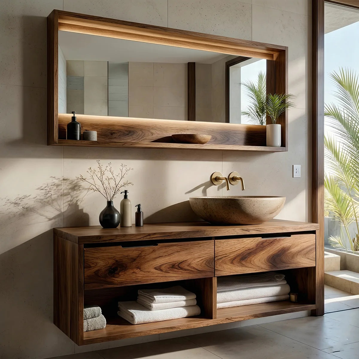 Floating Solid Wood Bathroom Vanity with 2 Drawers and Open Shelf