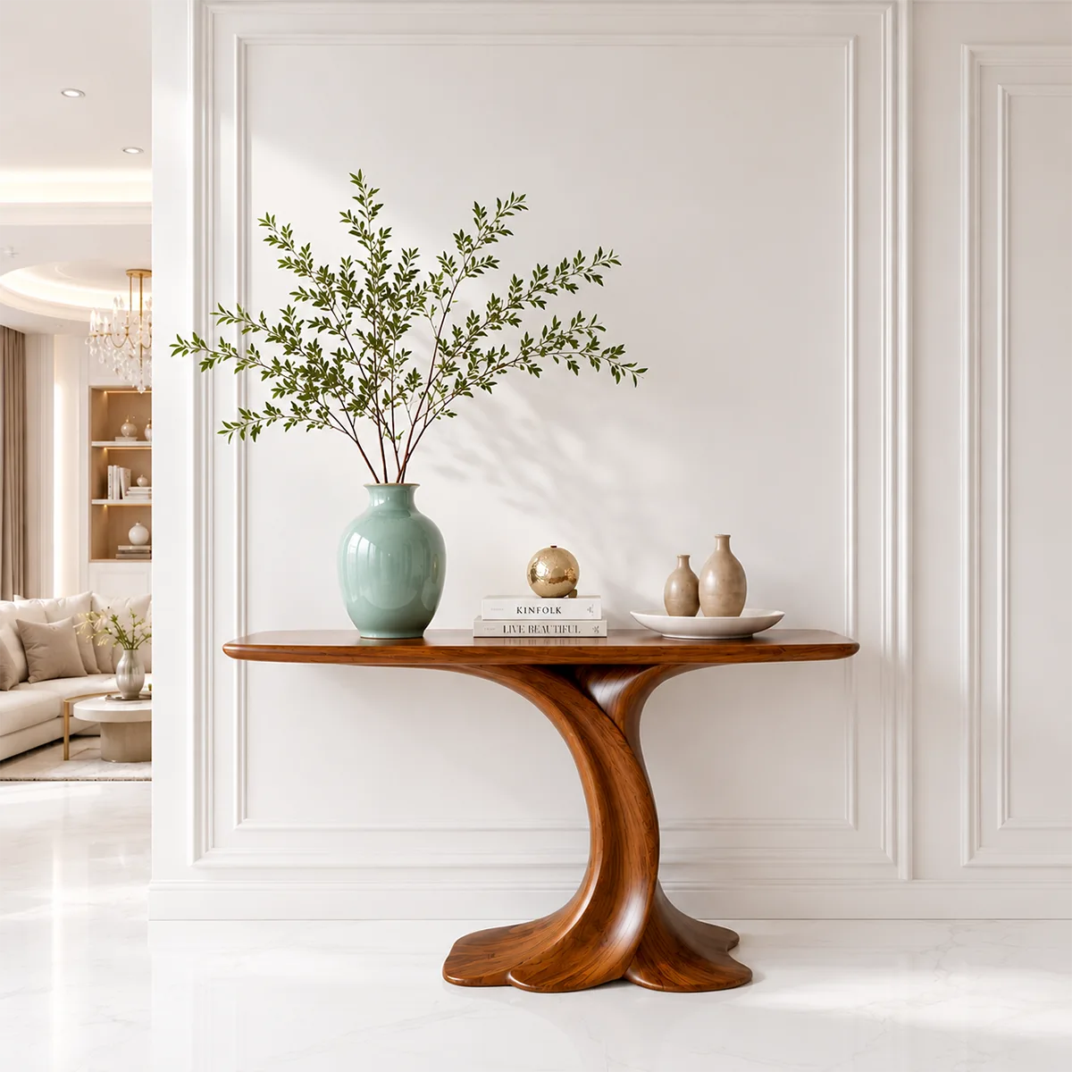 Sculptural Wooden Console Table for Entryway and Living Room Decor