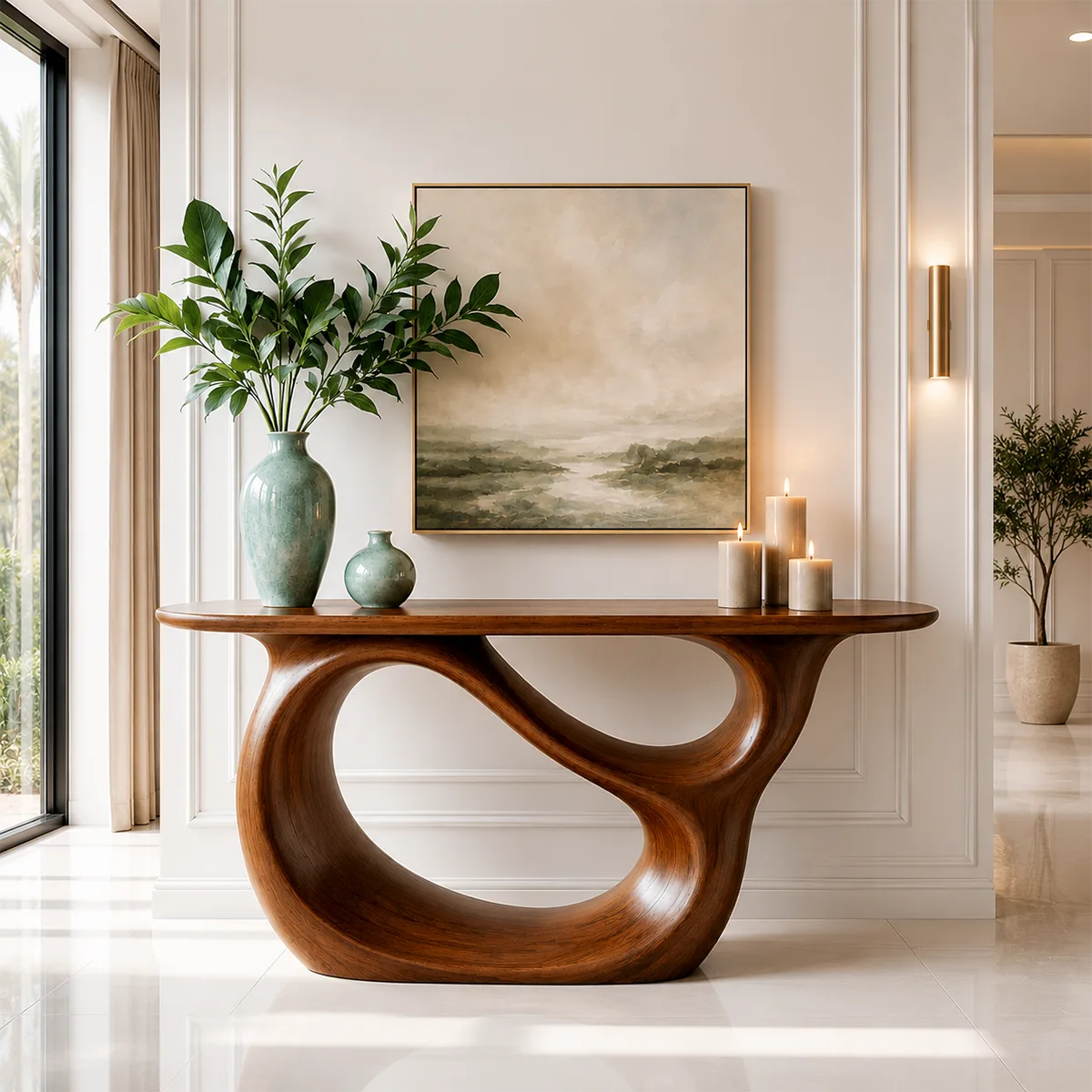 Sculptural Wood Console Table with Oval Cutout Base for Entryway