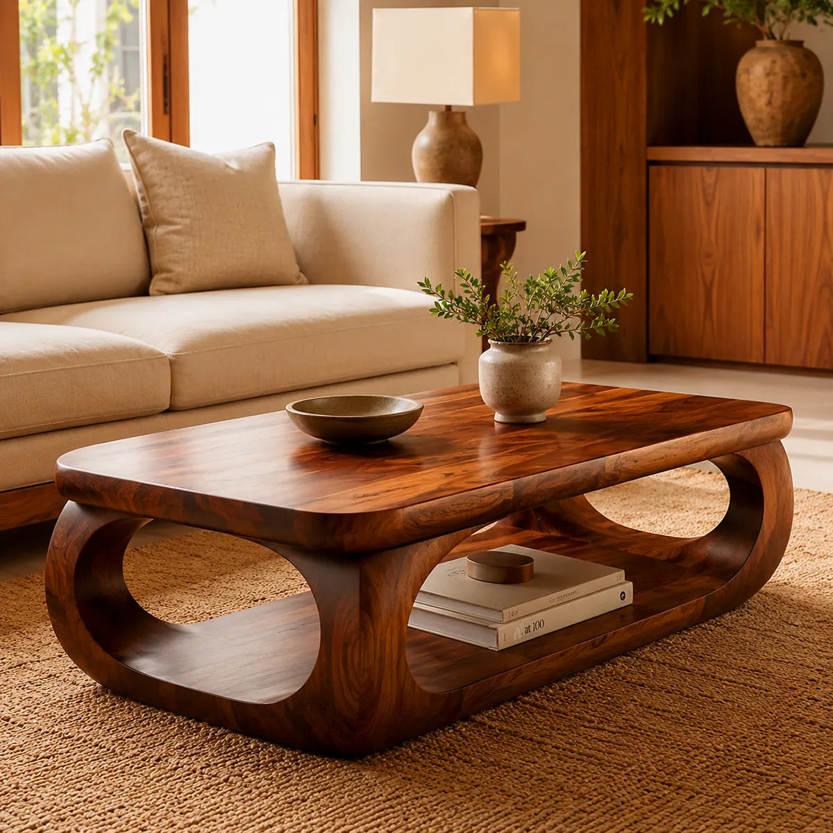 Sculptural Rounded Rectangle Coffee Table with Lower Shelf | Organic Modern Center Table TT006-4PQZ3SX