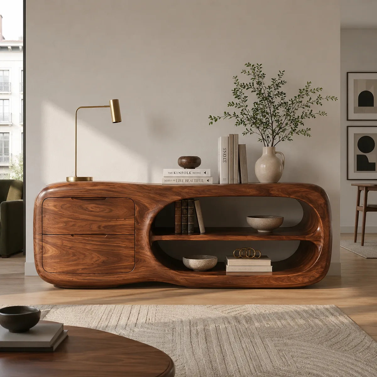 Modern Organic Storage Console Table with 2 Drawers & Open Shelves | Solid Wood Entryway Console TT006-9587