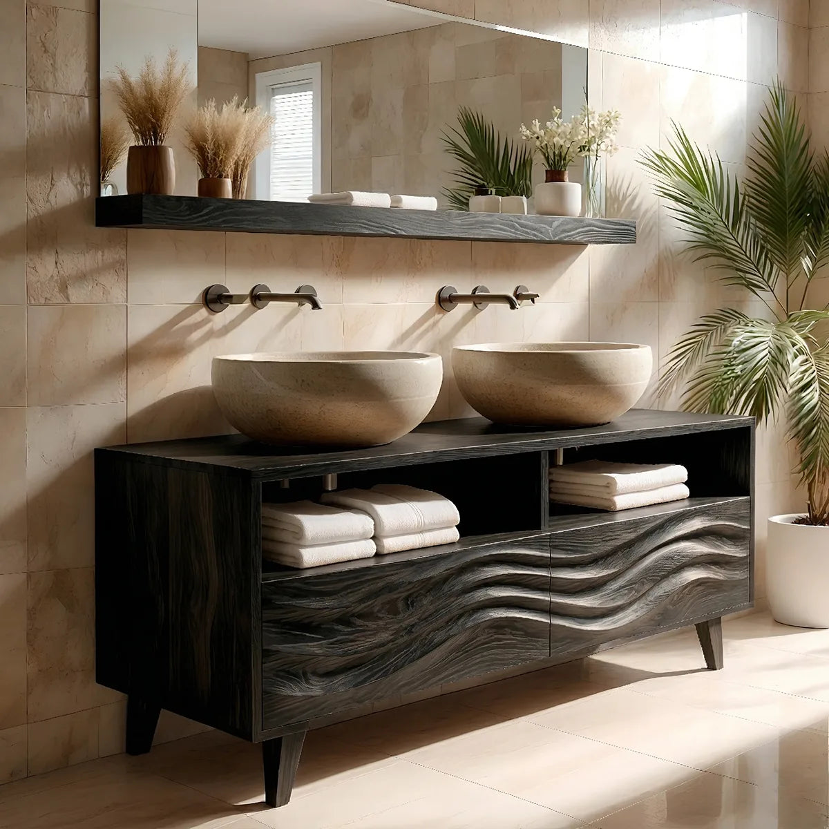 Solid Wood Double Sink Bathroom Vanity with Carved Wave Doors and Open Upper Shelves
