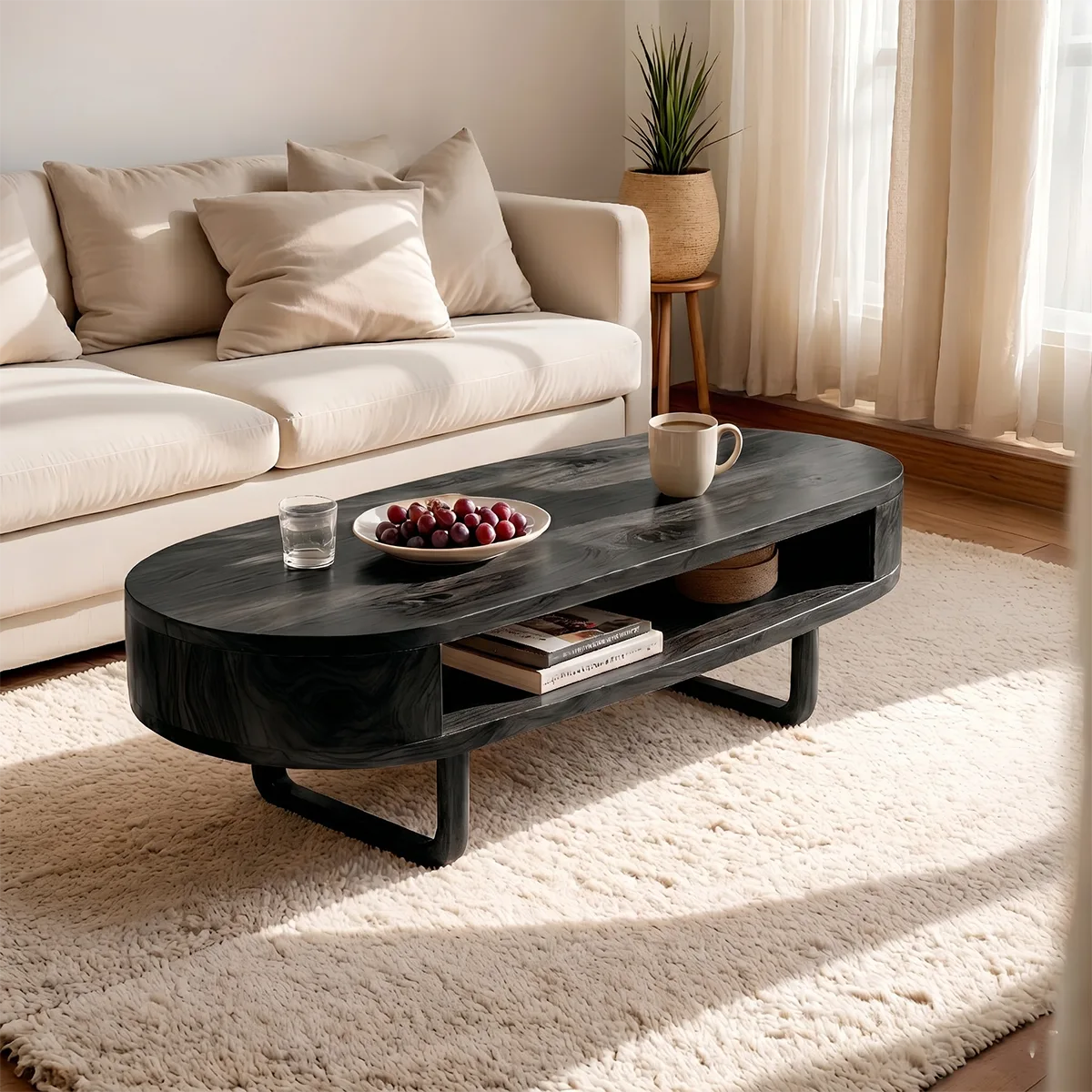 Mid Century Solid Wood Oval Coffee Table with Open Storage