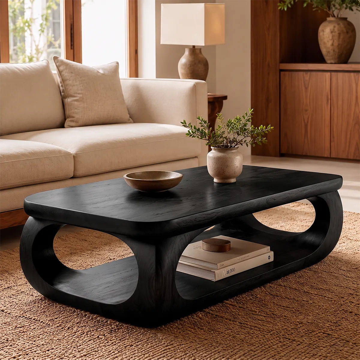 Sculptural Rounded Rectangle Coffee Table with Lower Shelf | Organic Modern Center Table TT006-4PQZ3SX