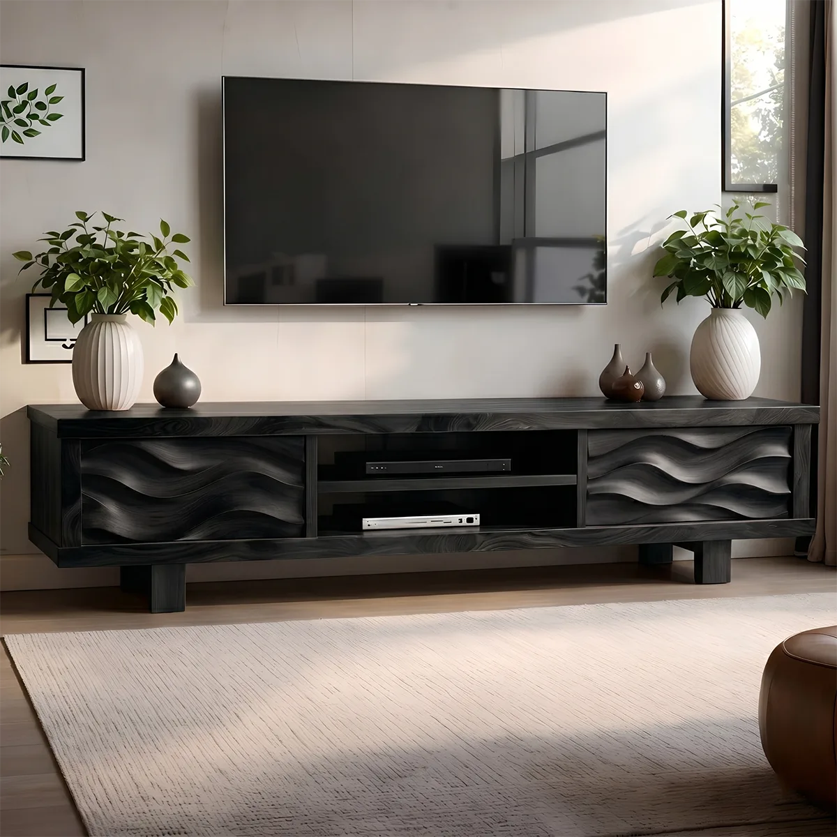 Modern Solid Wood Wavy Carved TV Stand with Open Shelving