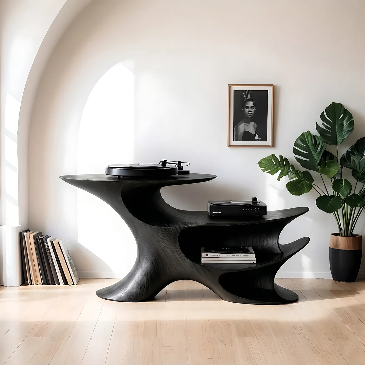 Luxury Solid Wood Record Player Console, Modern Organic Audio Stand with Open Shelves