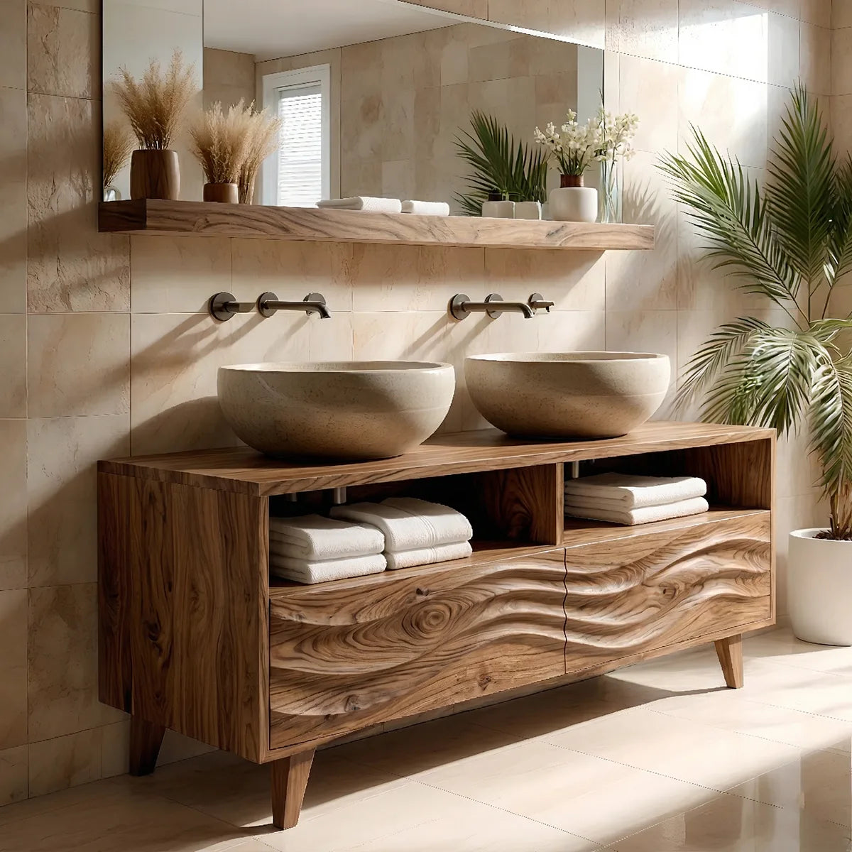 Solid Wood Double Sink Bathroom Vanity with Carved Wave Doors and Open Upper Shelves