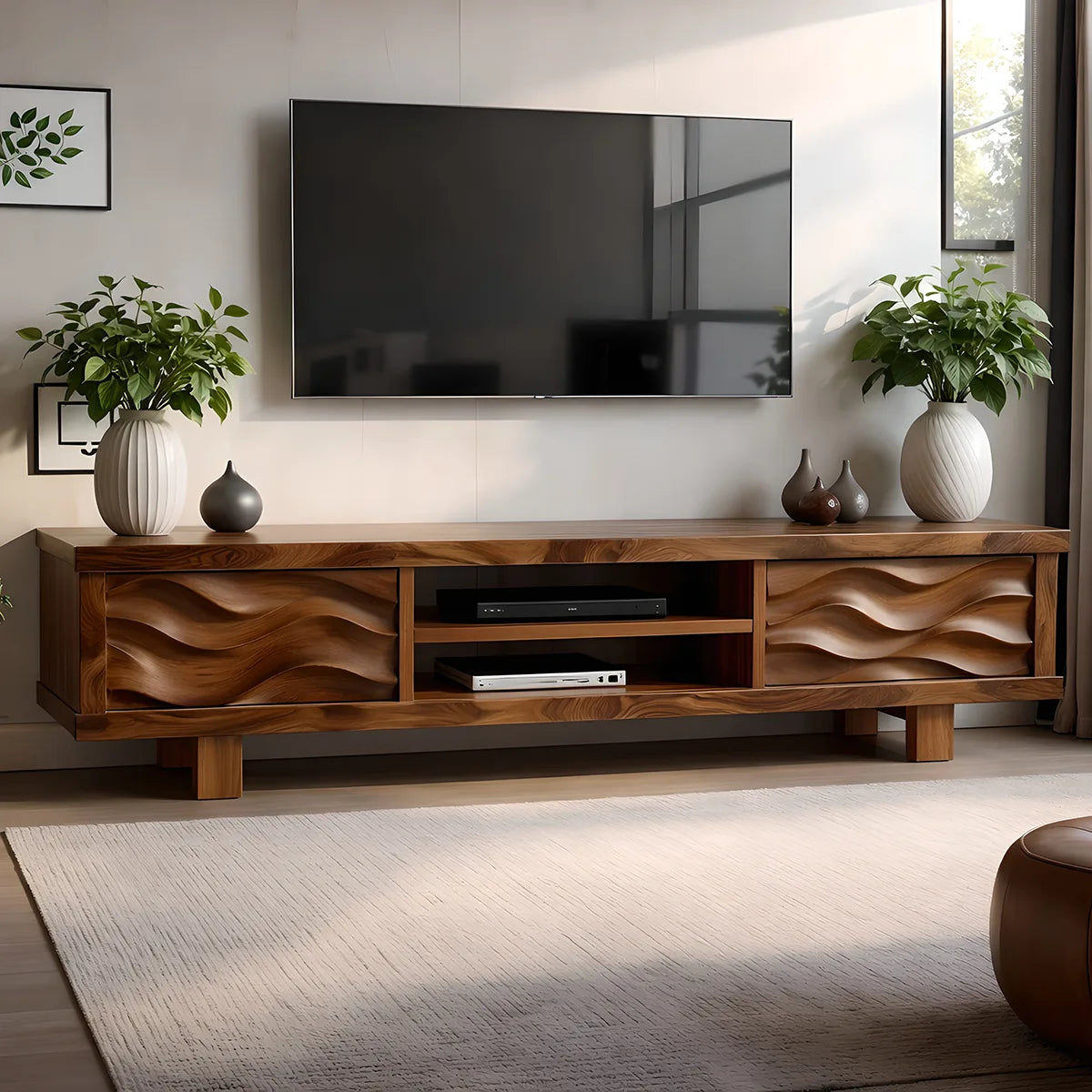Modern Solid Wood Wavy Carved TV Stand with Open Shelving