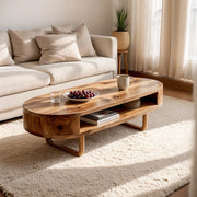 Mid Century Solid Wood Oval Coffee Table with Open Storage