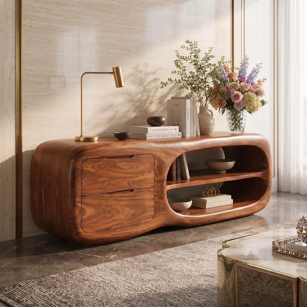 Modern Organic Storage Console Table with 2 Drawers & Open Shelves | Solid Wood Entryway Console TT006-9587