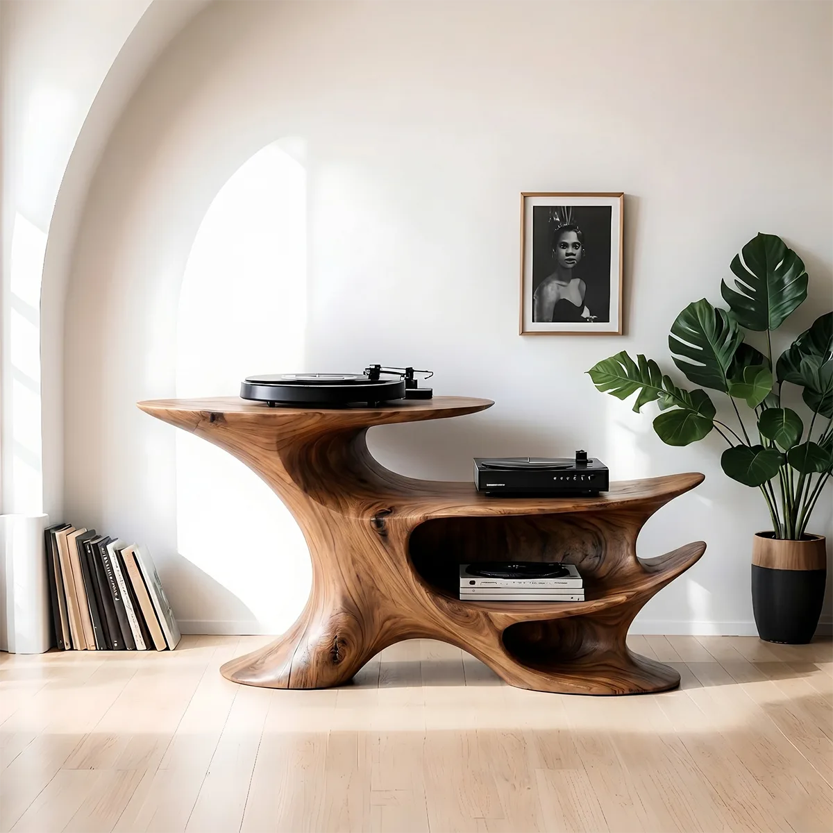 Luxury Solid Wood Record Player Console, Modern Organic Audio Stand with Open Shelves