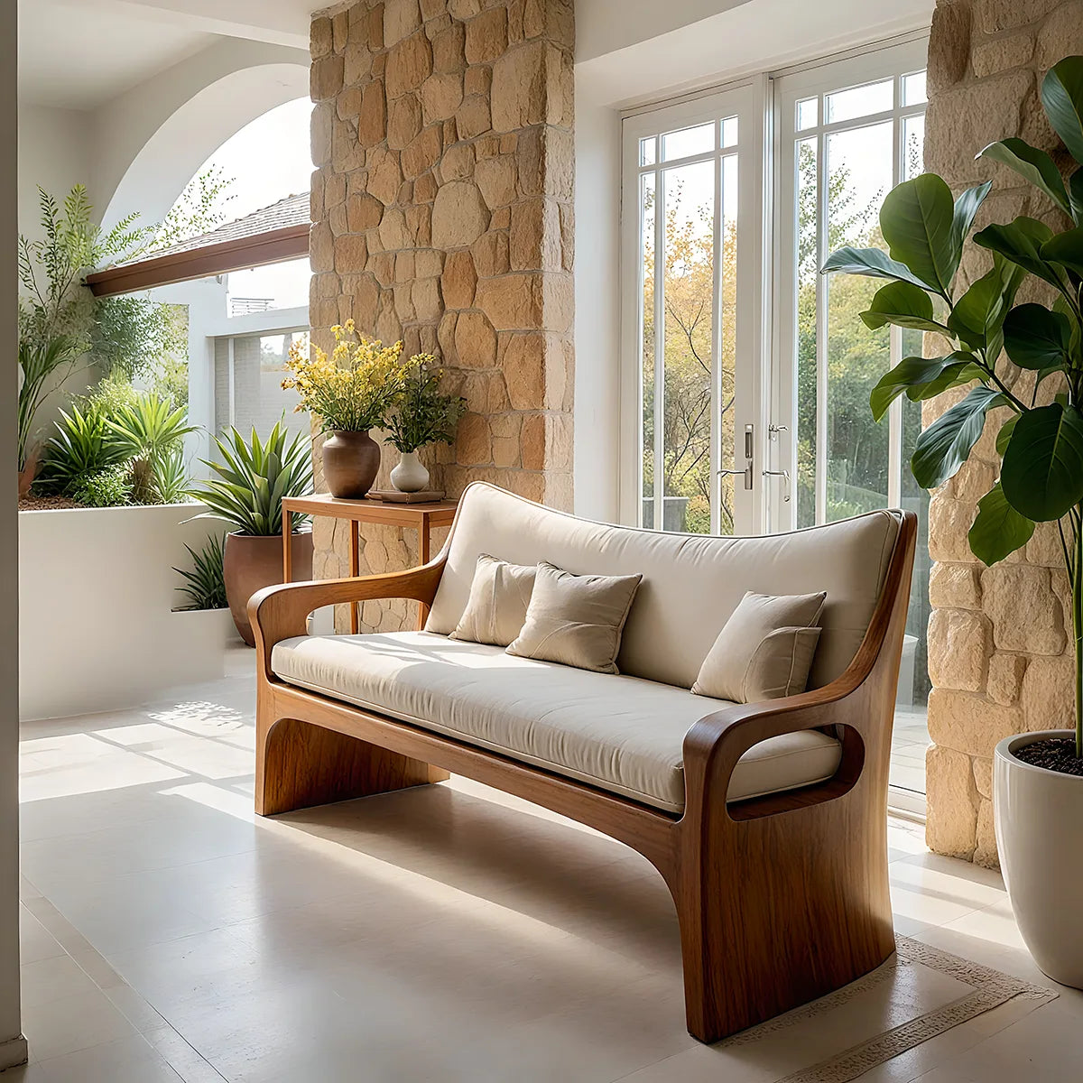 Modern Organic Wooden Sofa with Sculpted Curved Frame Design