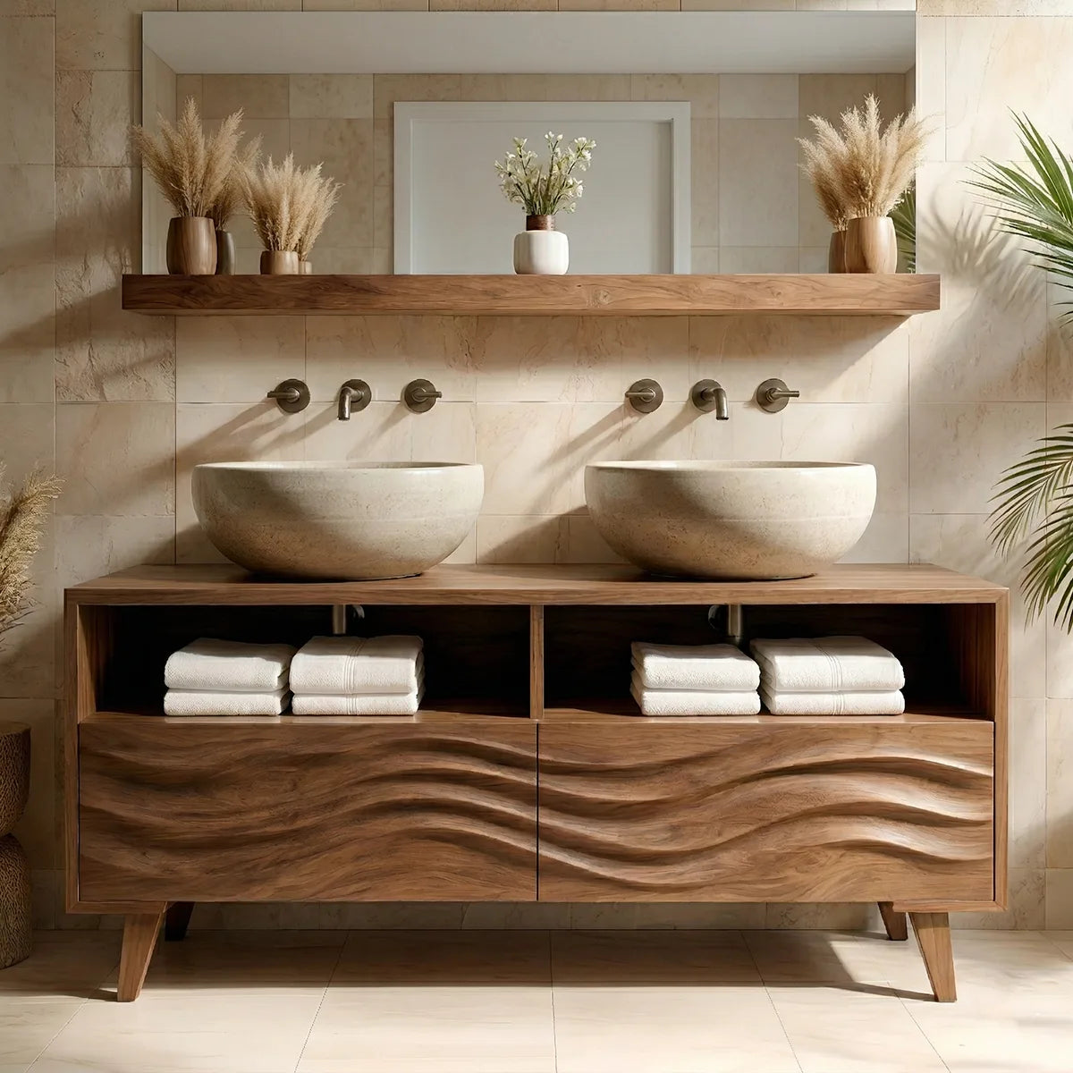 Solid Wood Double Sink Bathroom Vanity with Carved Wave Doors and Open Upper Shelves