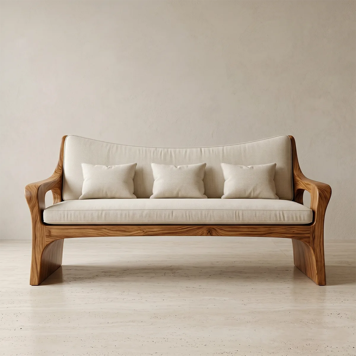Modern Organic Wooden Sofa with Sculpted Curved Frame Design