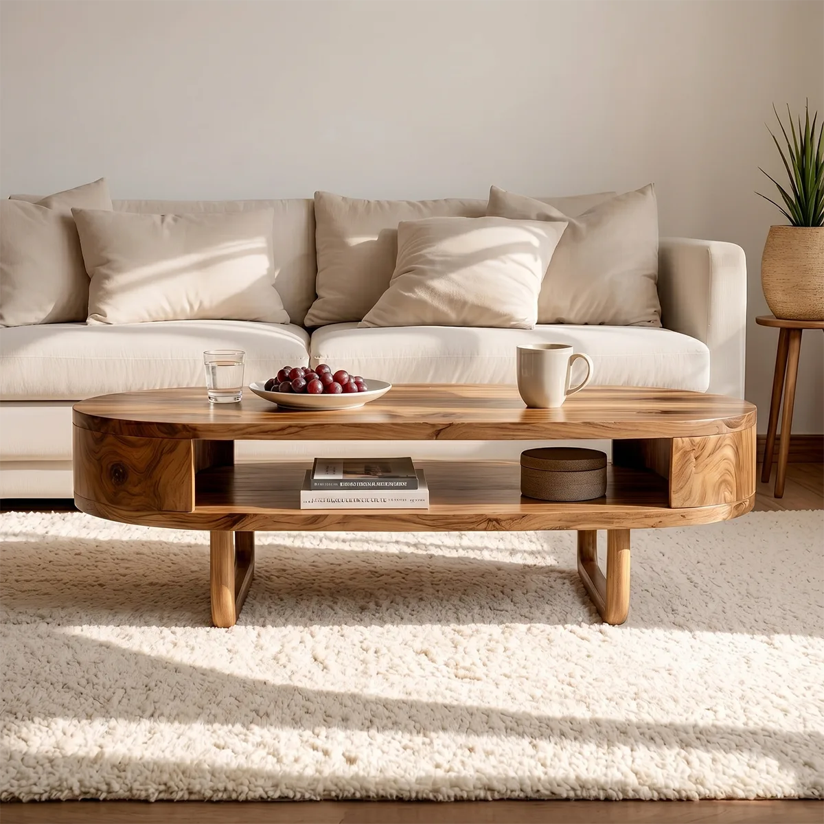 Mid Century Solid Wood Oval Coffee Table with Open Storage