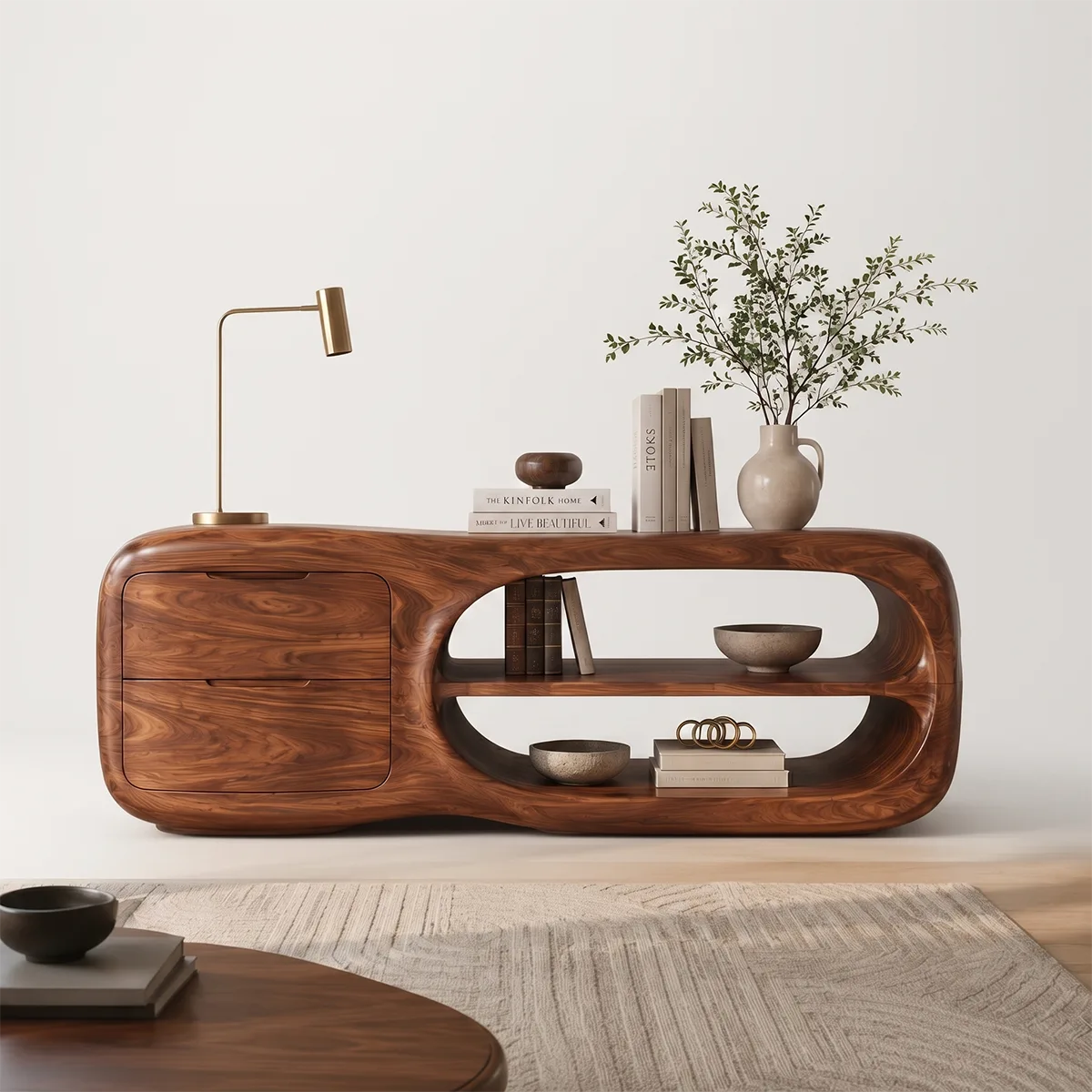 Modern Organic Storage Console Table with 2 Drawers & Open Shelves | Solid Wood Entryway Console TT006-9587