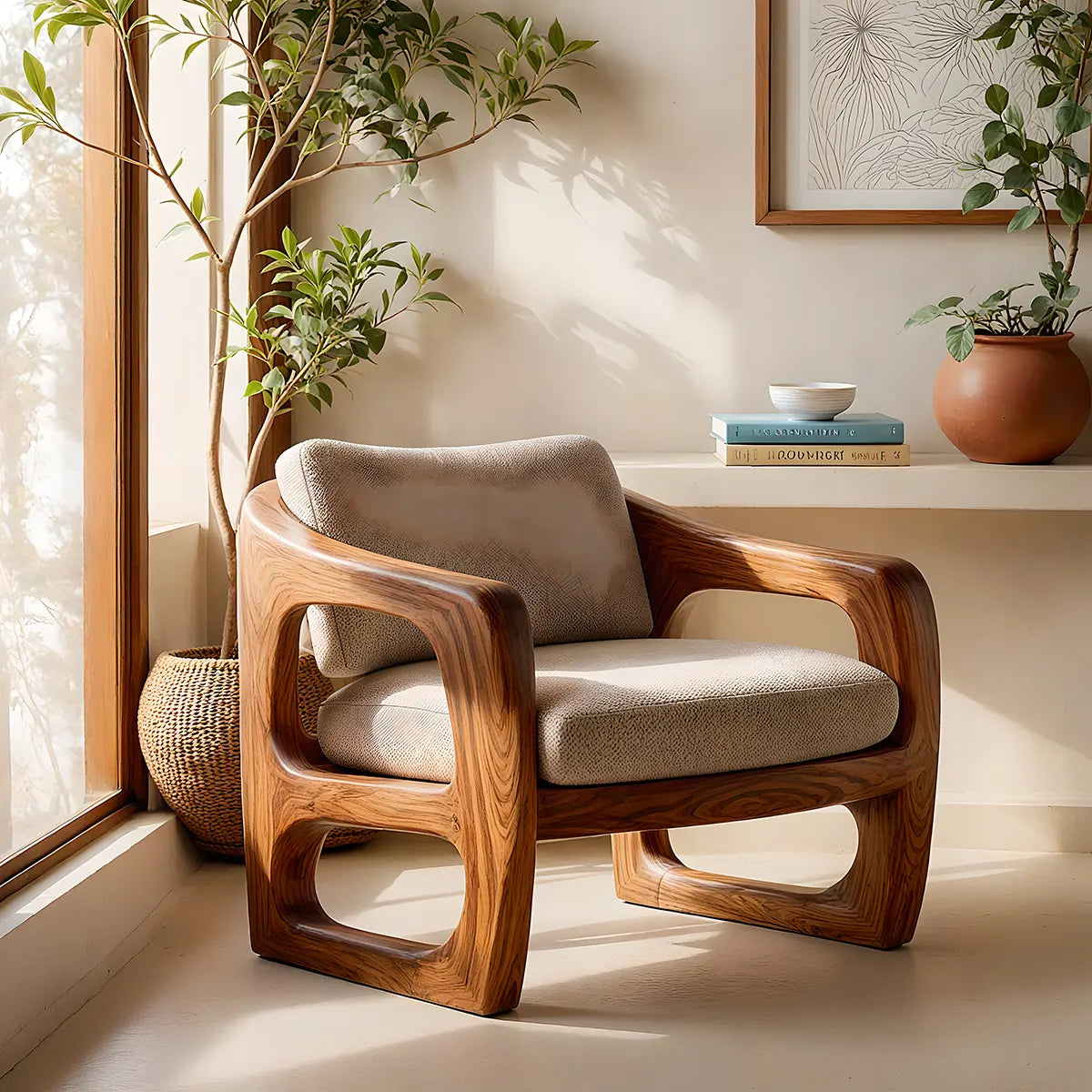 Modern Solid Wood Lounge Chair | Sculptural Wooden Accent Chair with Open Arm Design TT006-1322