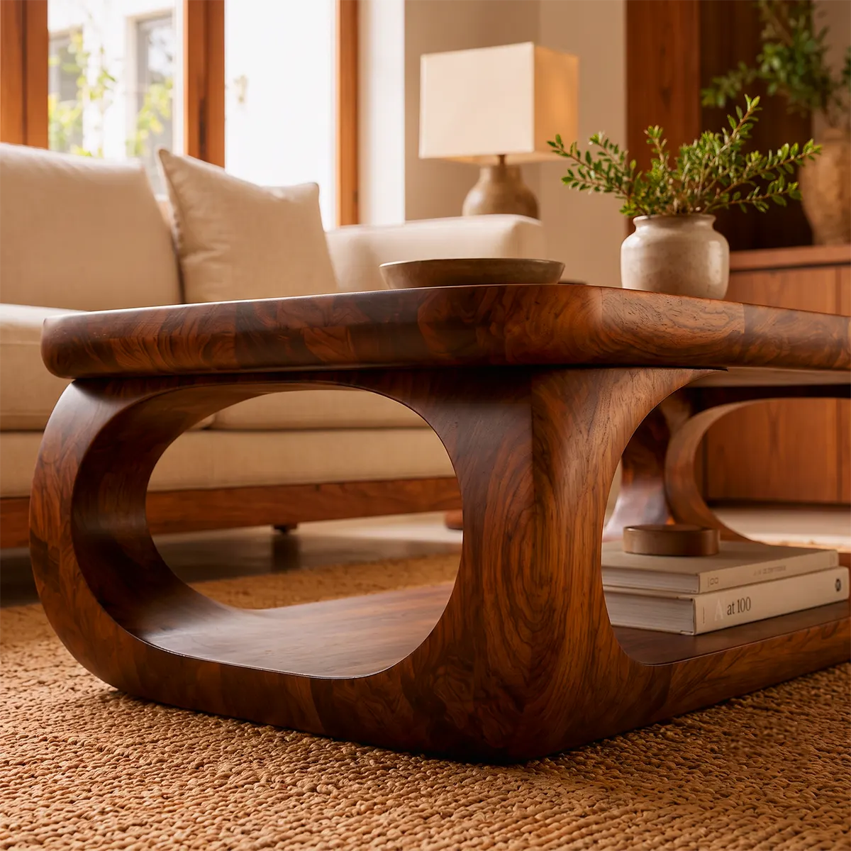 Sculptural Rounded Rectangle Coffee Table with Lower Shelf | Organic Modern Center Table TT006-4PQZ3SX