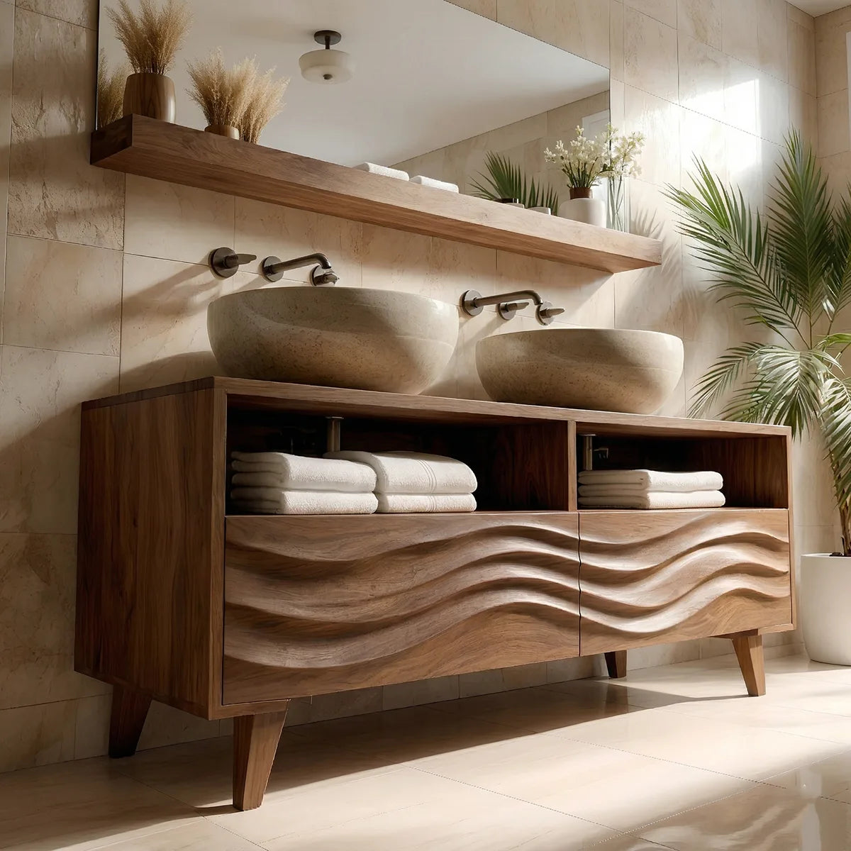 Solid Wood Double Sink Bathroom Vanity with Carved Wave Doors and Open Upper Shelves