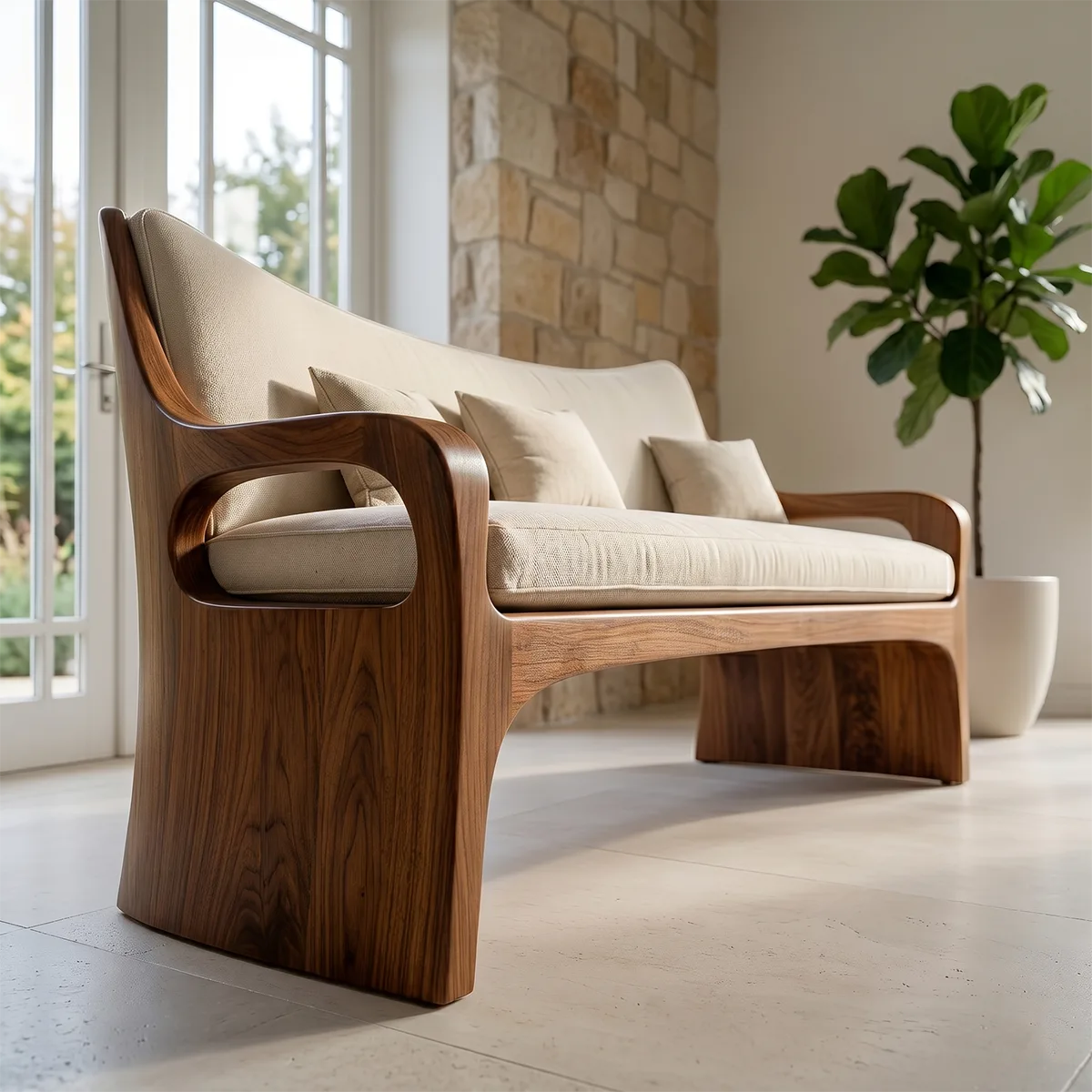 Modern Organic Wooden Sofa with Sculpted Curved Frame Design