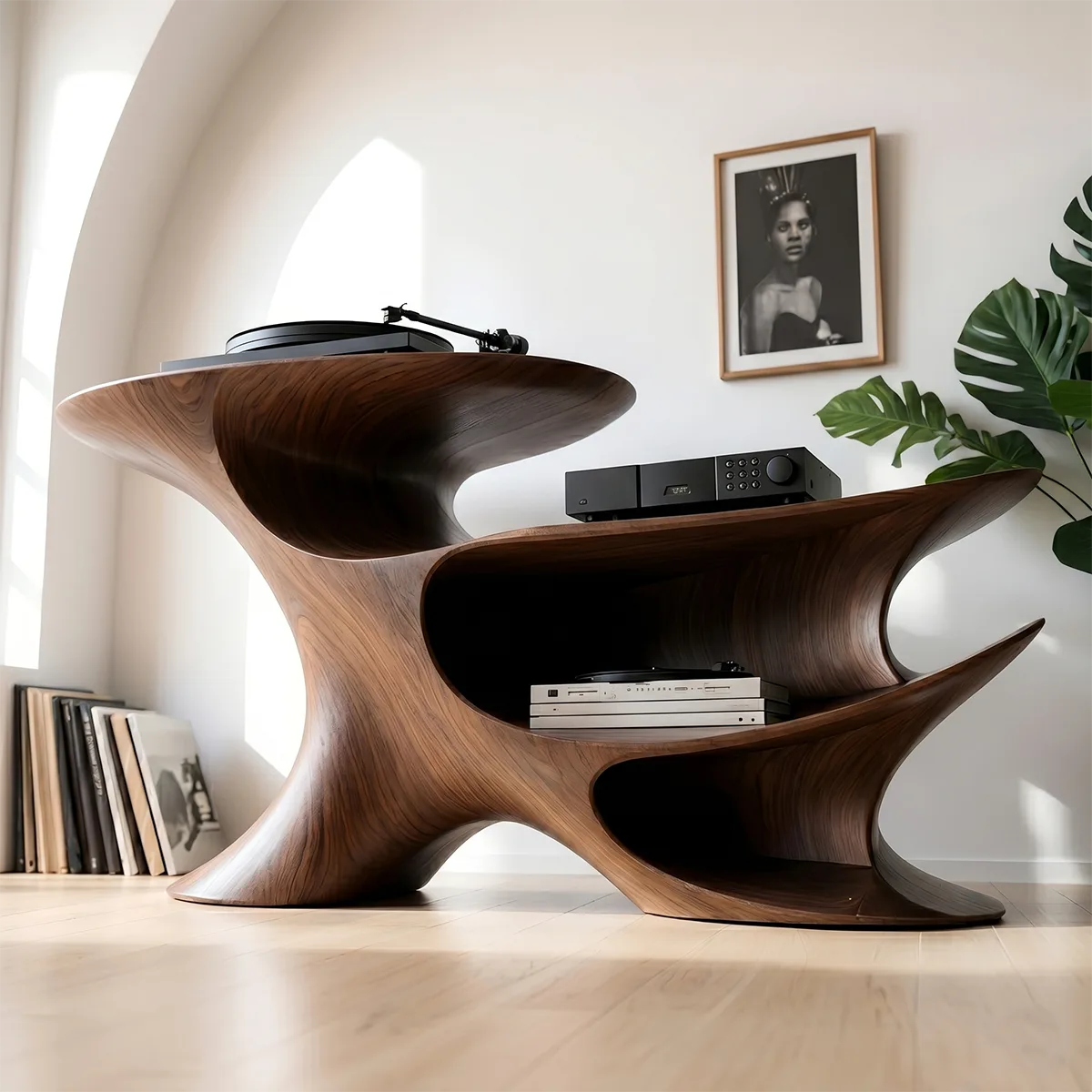 Luxury Solid Wood Record Player Console, Modern Organic Audio Stand with Open Shelves