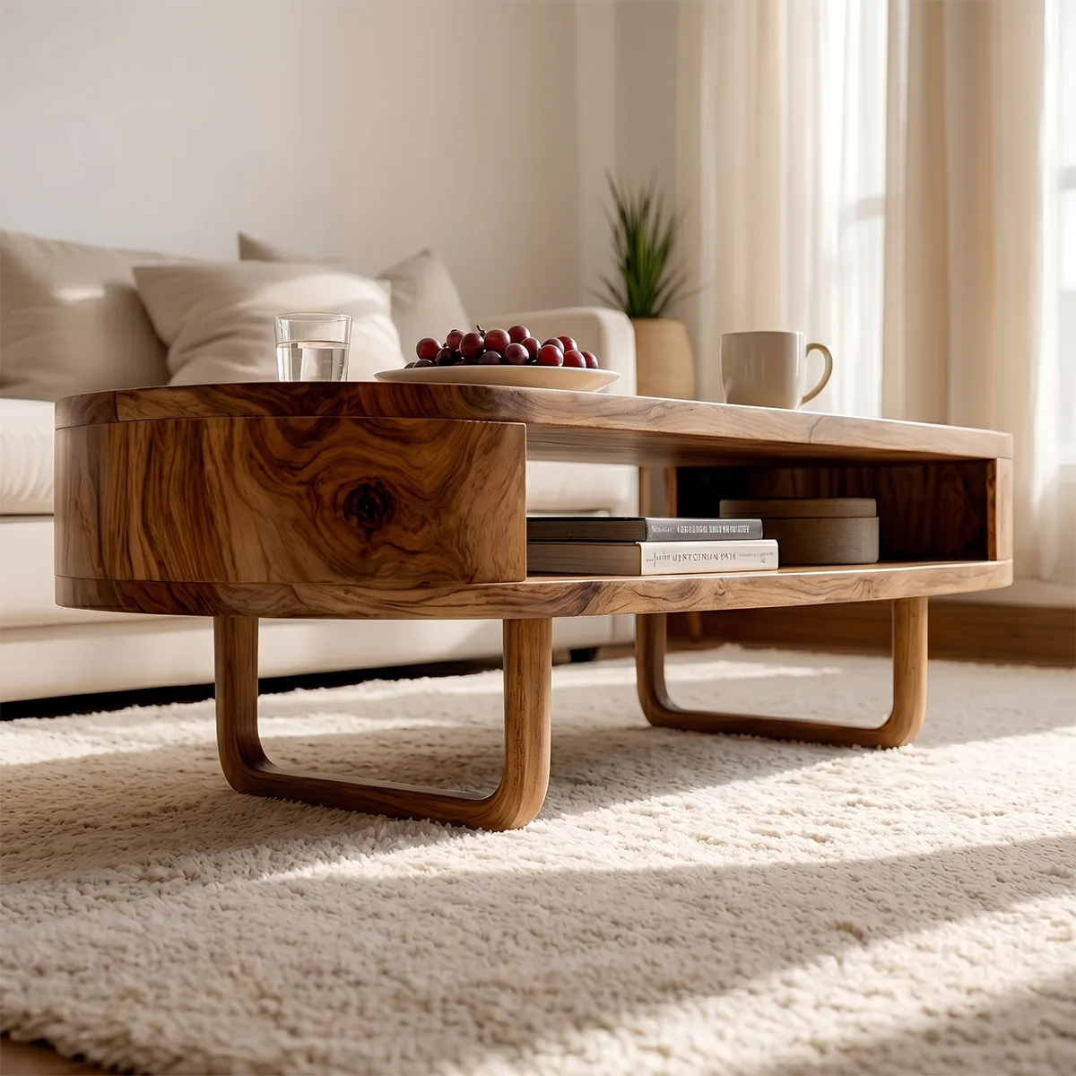 Mid Century Solid Wood Oval Coffee Table with Open Storage