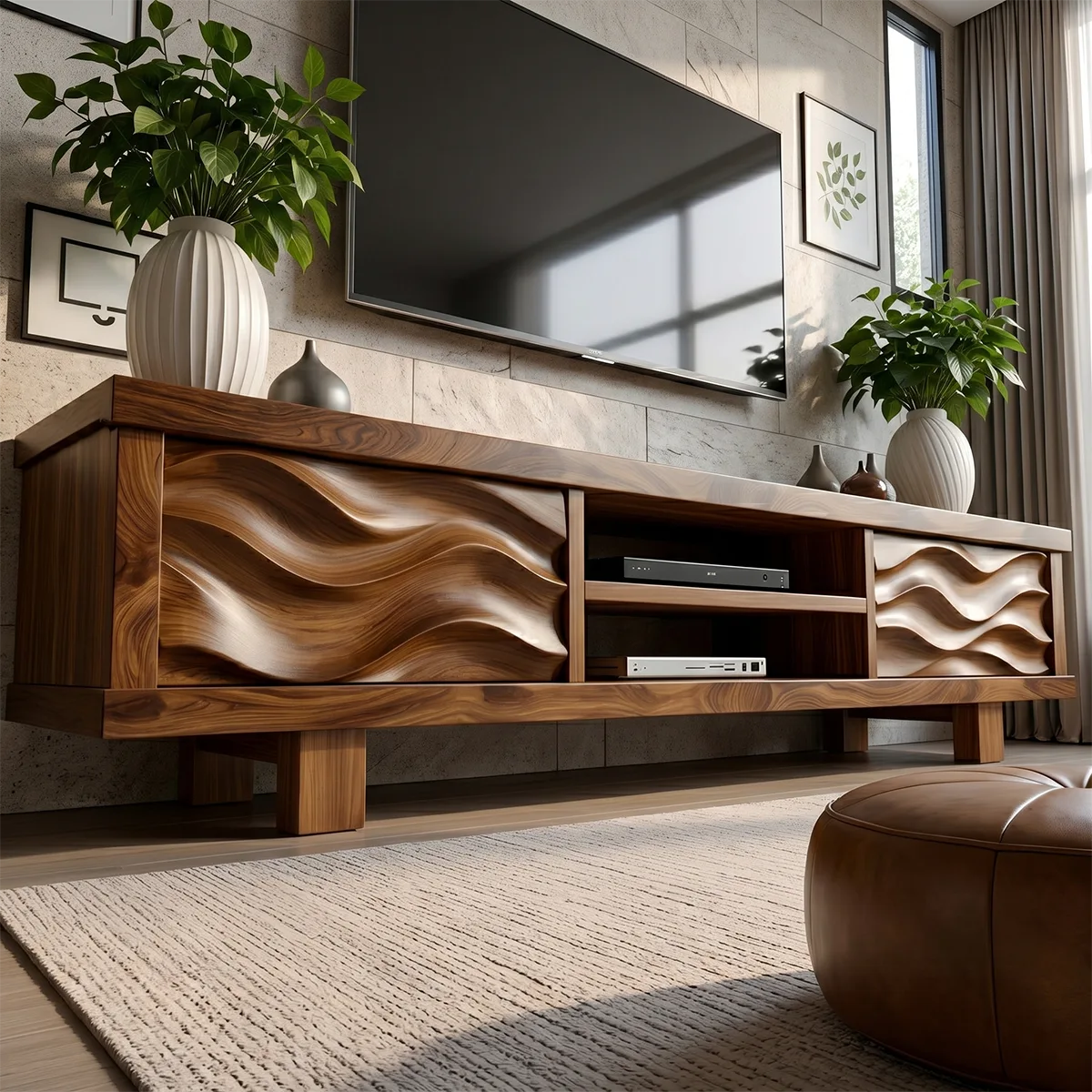 Modern Solid Wood Wavy Carved TV Stand with Open Shelving