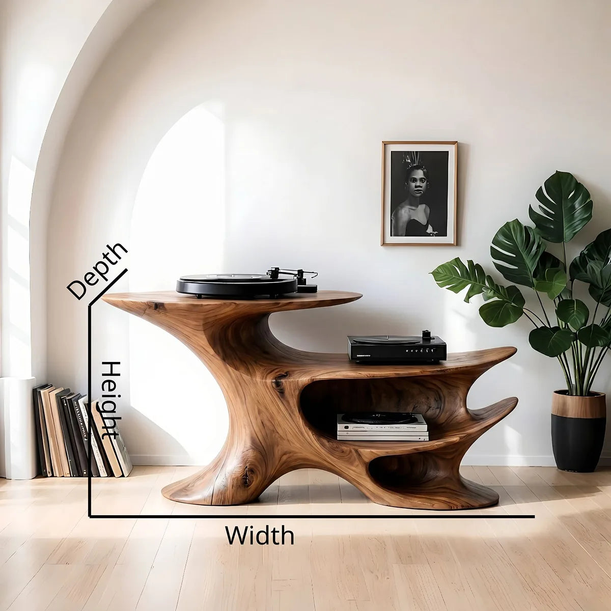 Luxury Solid Wood Record Player Console, Modern Organic Audio Stand with Open Shelves