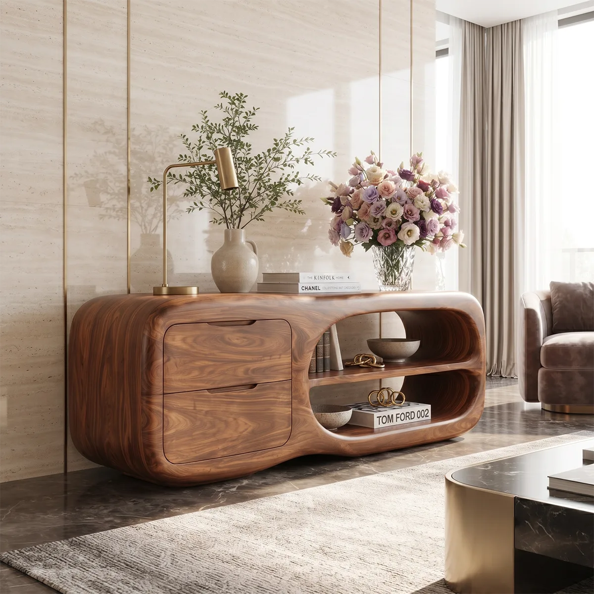 Modern Organic Storage Console Table with 2 Drawers & Open Shelves | Solid Wood Entryway Console TT006-9587
