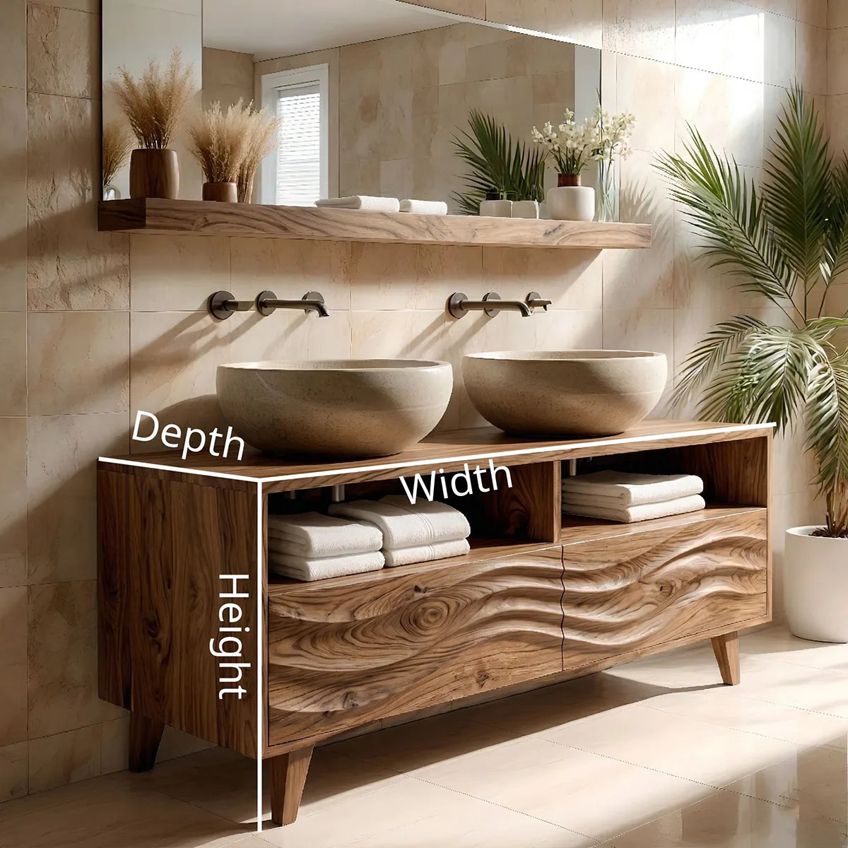 Solid Wood Double Sink Bathroom Vanity with Carved Wave Doors and Open Upper Shelves