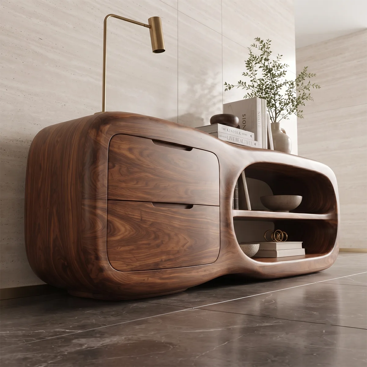 Modern Organic Storage Console Table with 2 Drawers & Open Shelves | Solid Wood Entryway Console TT006-9587