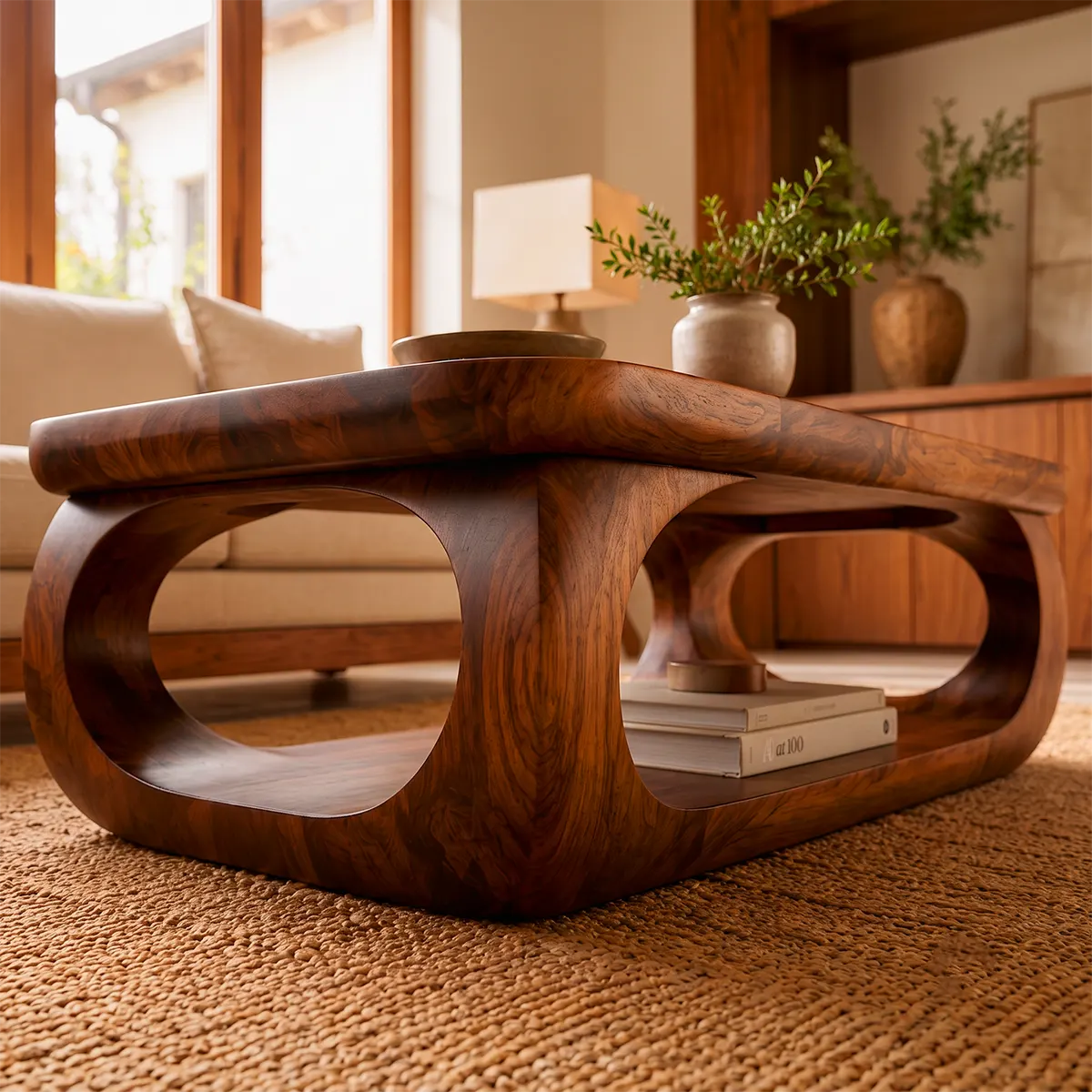Sculptural Rounded Rectangle Coffee Table with Lower Shelf | Organic Modern Center Table TT006-4PQZ3SX