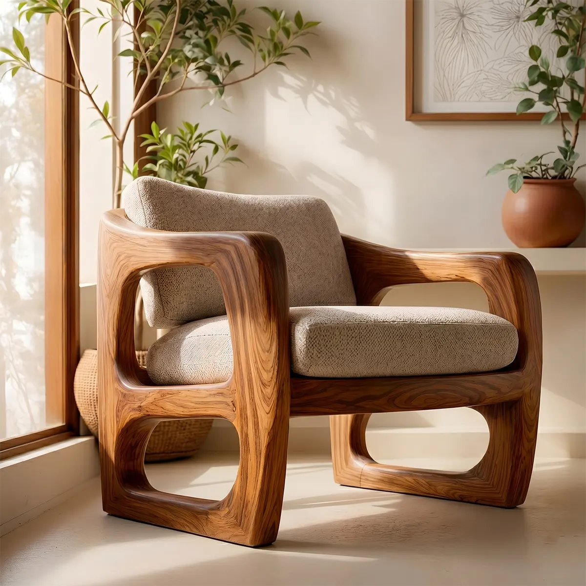 Modern Solid Wood Lounge Chair | Sculptural Wooden Accent Chair with Open Arm Design TT006-1322