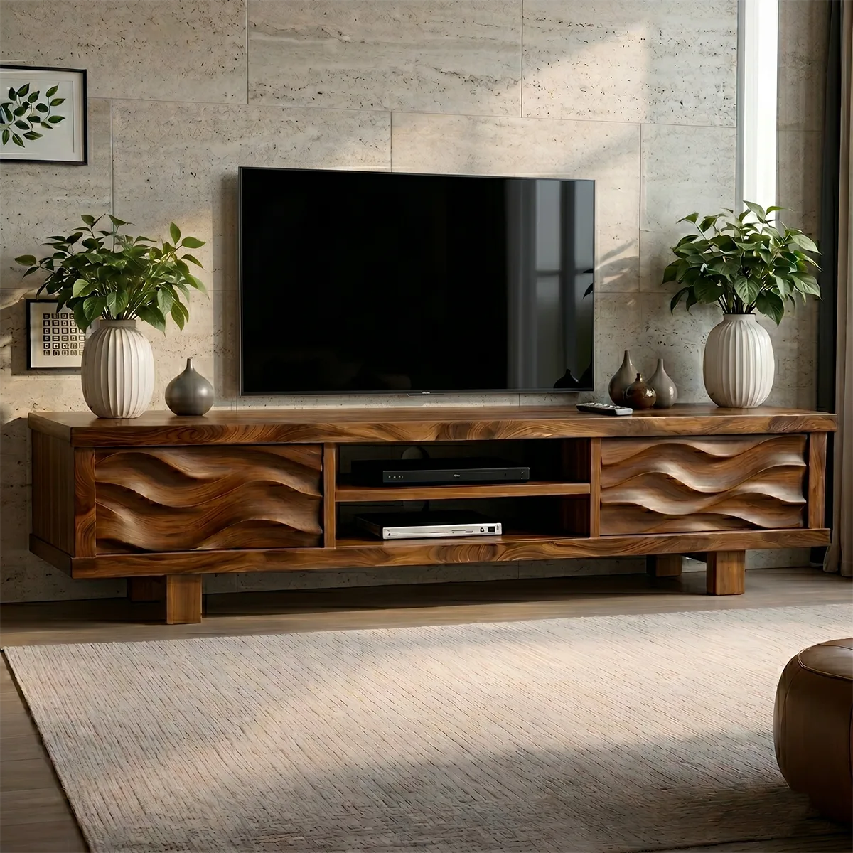 Modern Solid Wood Wavy Carved TV Stand with Open Shelving