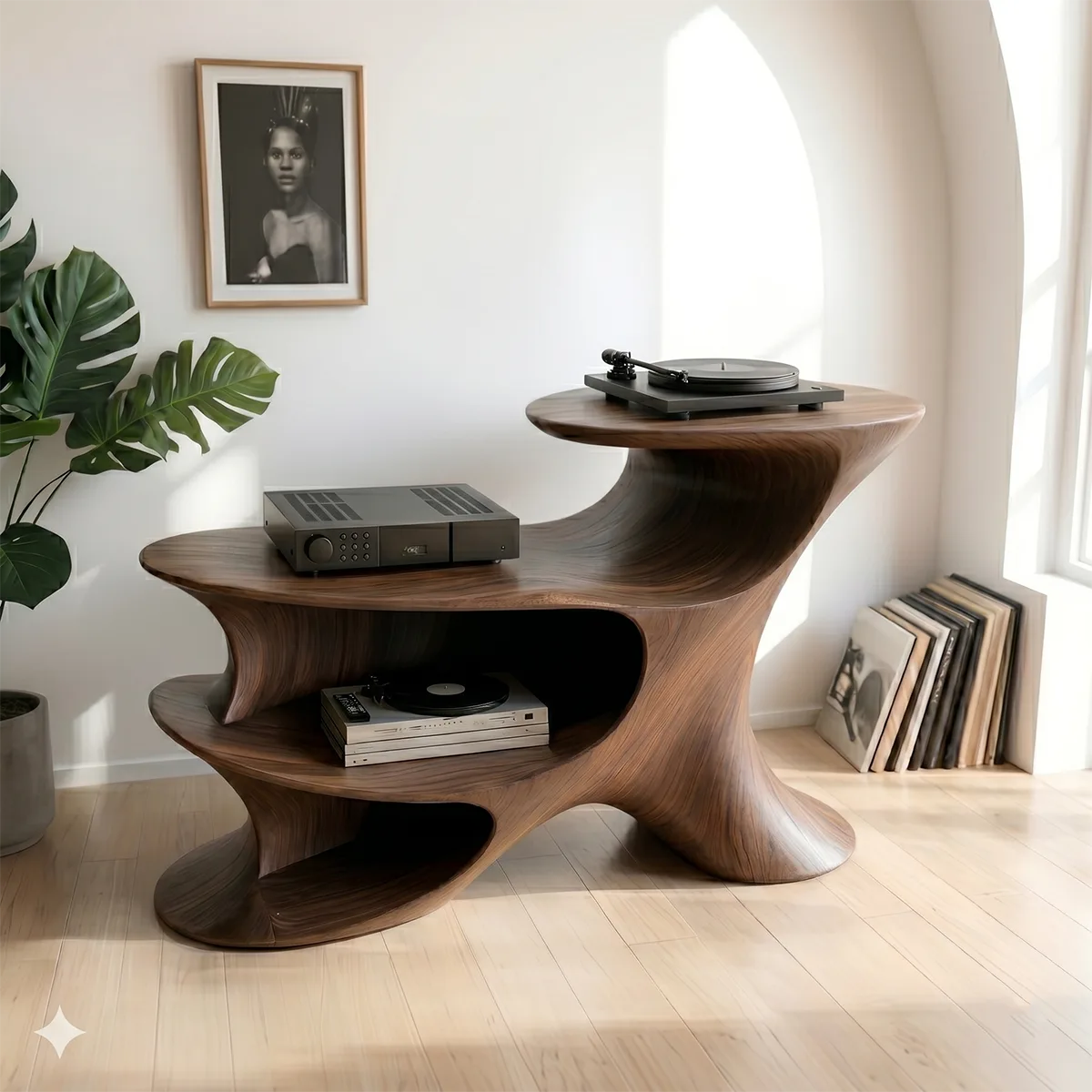 Luxury Solid Wood Record Player Console, Modern Organic Audio Stand with Open Shelves
