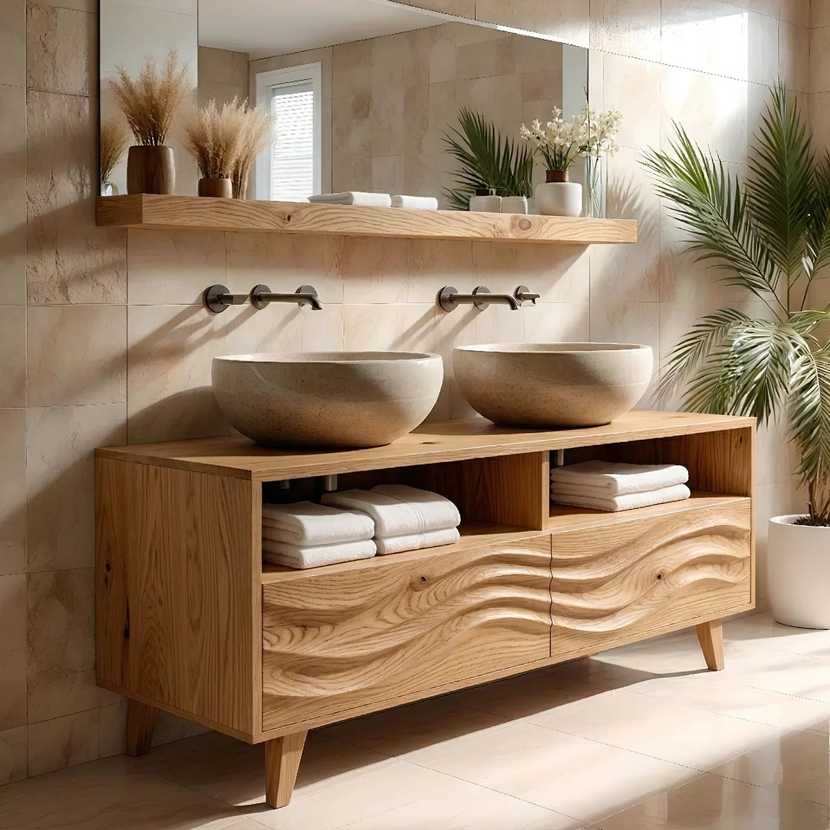 Solid Wood Double Sink Bathroom Vanity with Carved Wave Doors and Open Upper Shelves