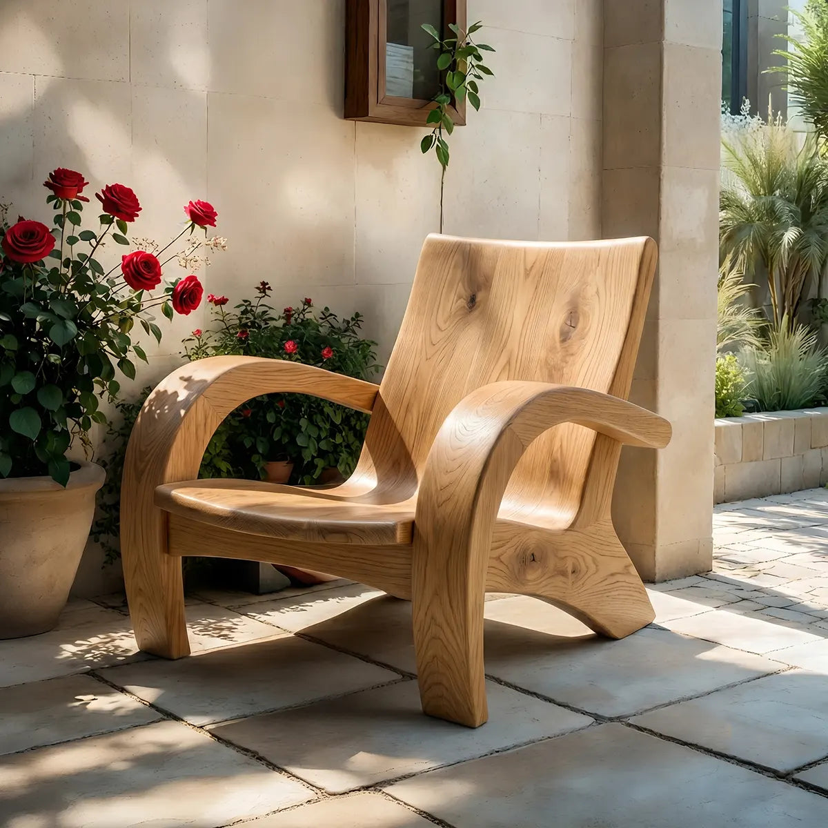 Handcrafted Solid Wood Lounge Armchair Sculptural Accent Chair