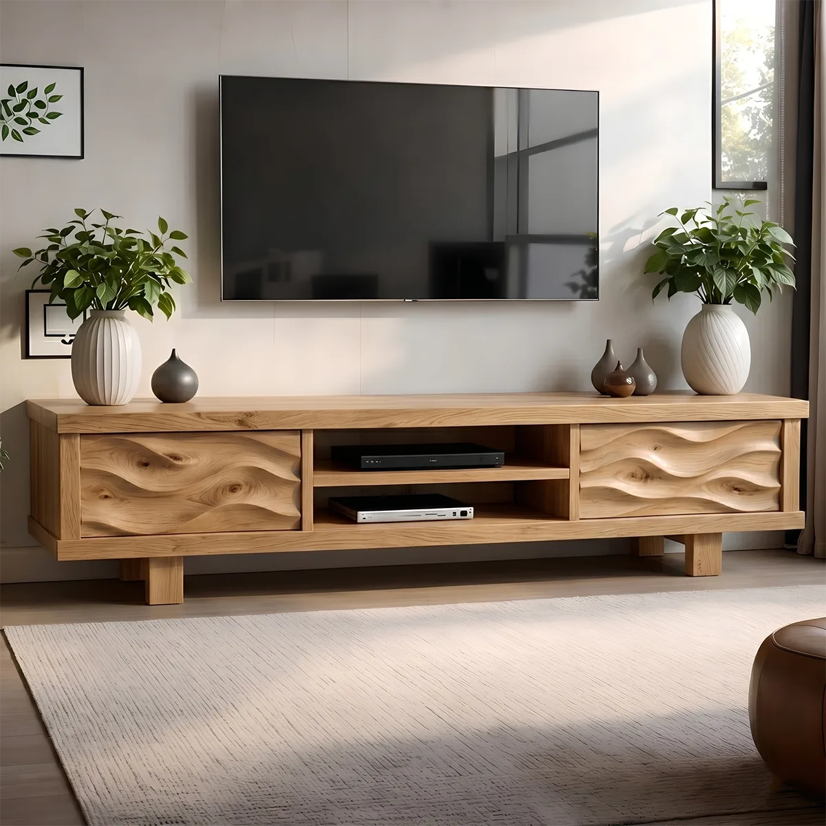 Modern Solid Wood Wavy Carved TV Stand with Open Shelving