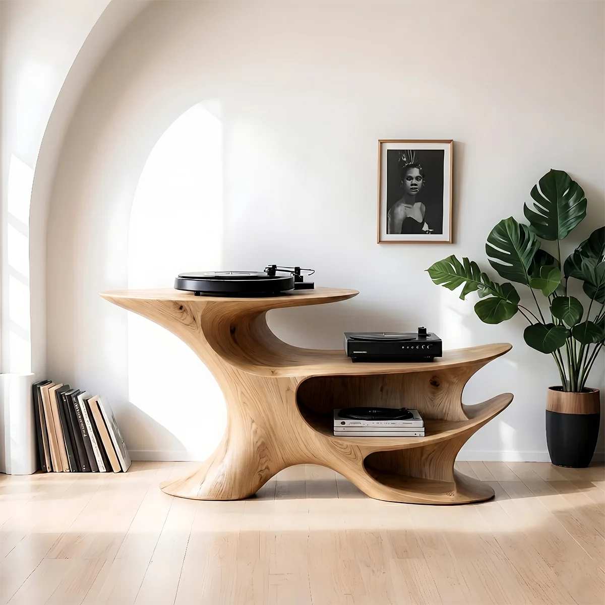 Luxury Solid Wood Record Player Console, Modern Organic Audio Stand with Open Shelves